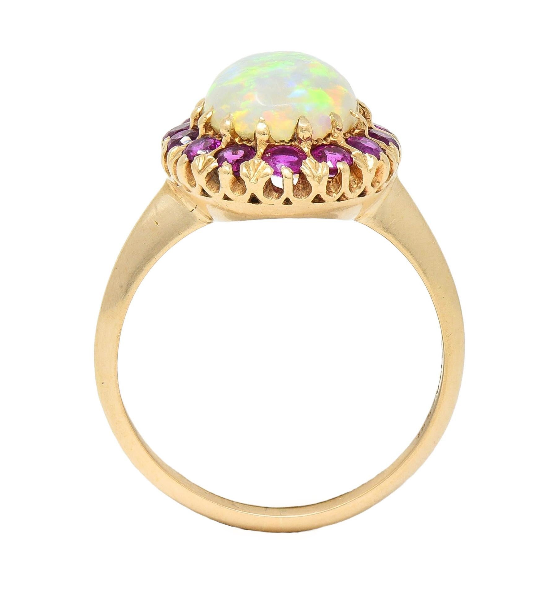 Retro Pink Sapphire Opal 14 Karat Yellow Gold Vintage Halo Ring