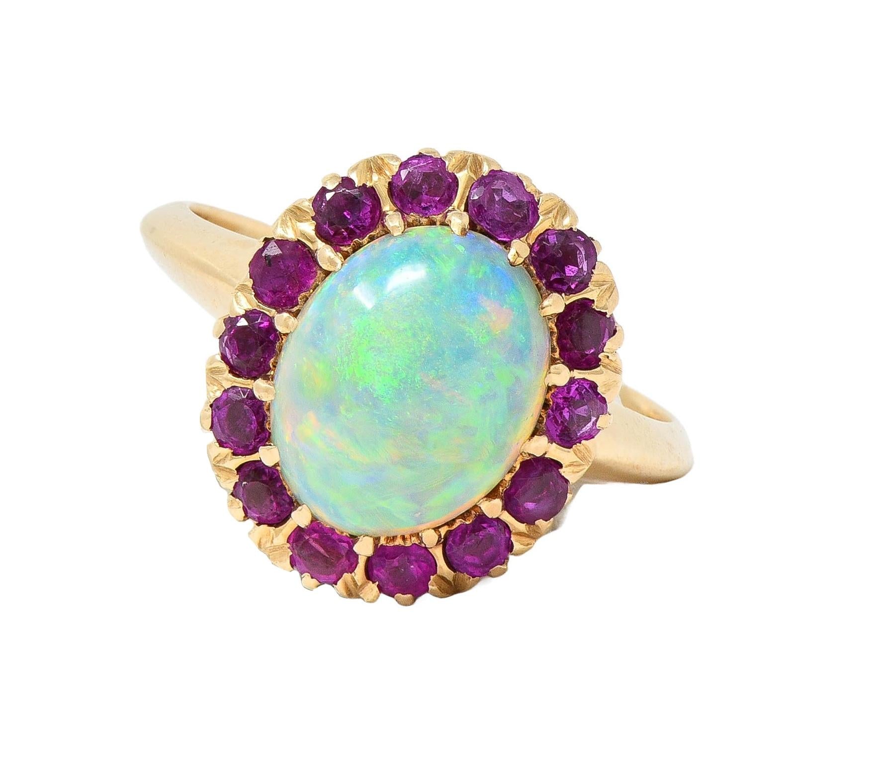 Retro Pink Sapphire Opal 14 Karat Yellow Gold Vintage Halo Ring