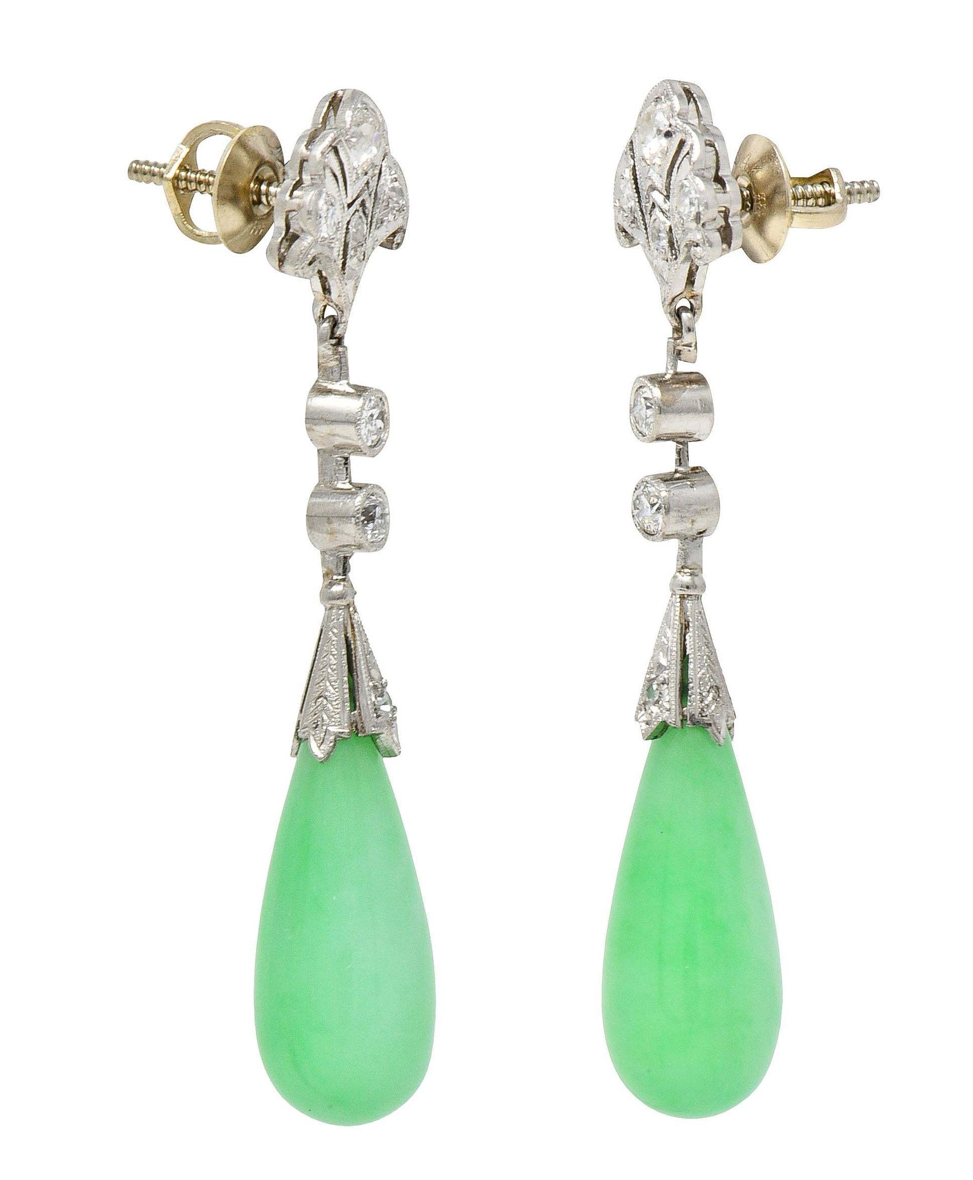 Art Deco Vintage Jadeite Jade Diamond Platinum Fanning Lotus Drop Earrings