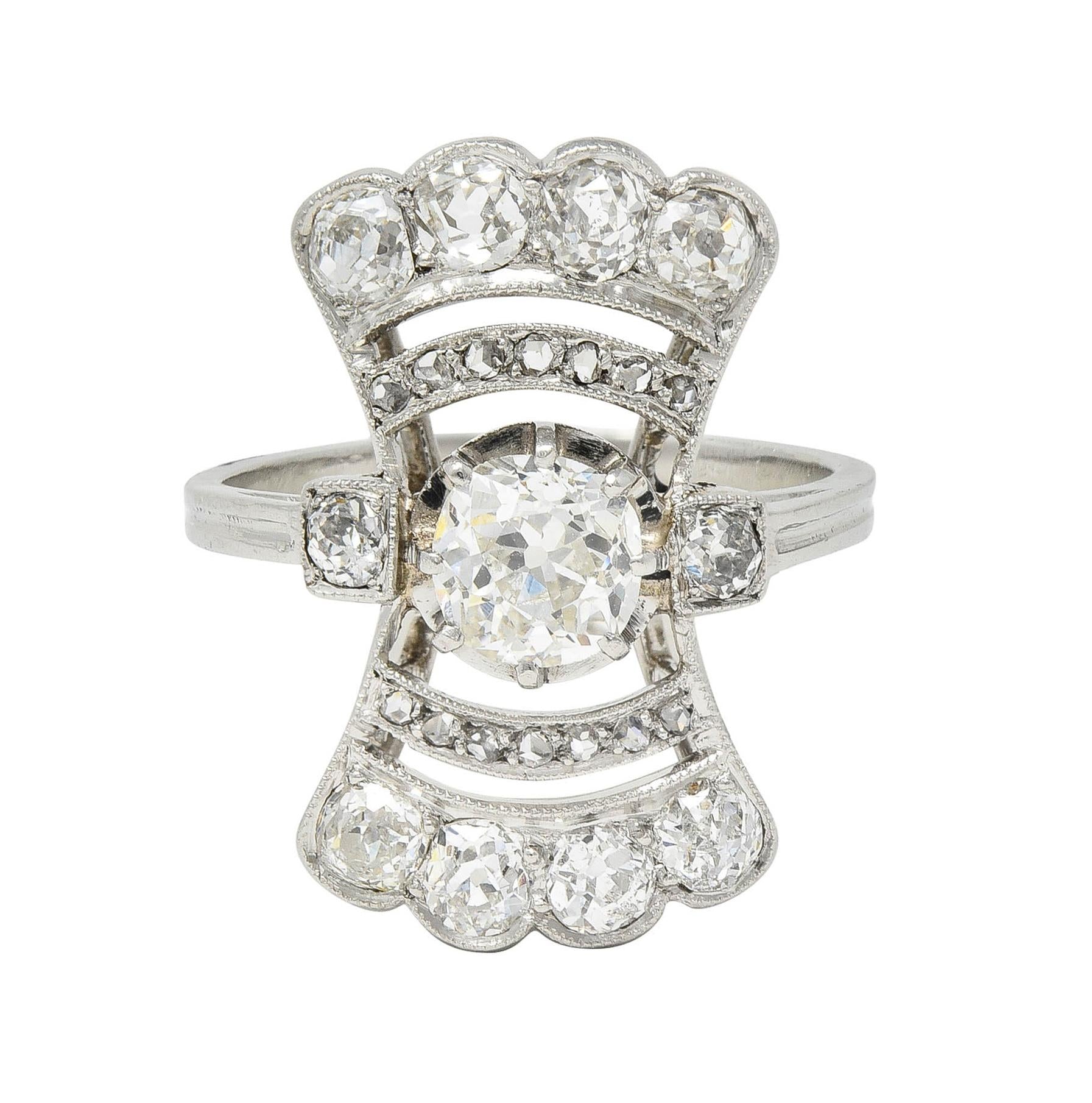 French Art Deco 1.70 CTW Diamond Platinum Fanning Antique Dinner Ring