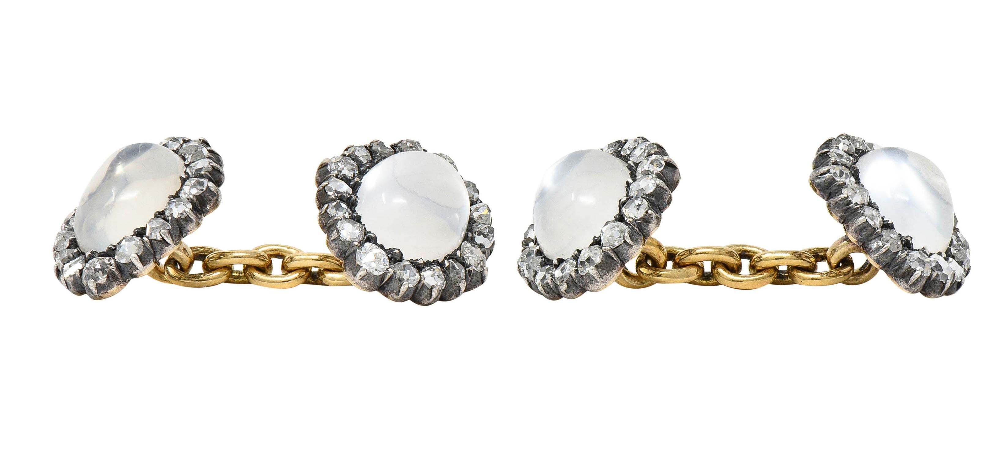 Victorian 1.44 CTW Diamond Moonstone 14 Karat Gold Silver Antique Cufflinks