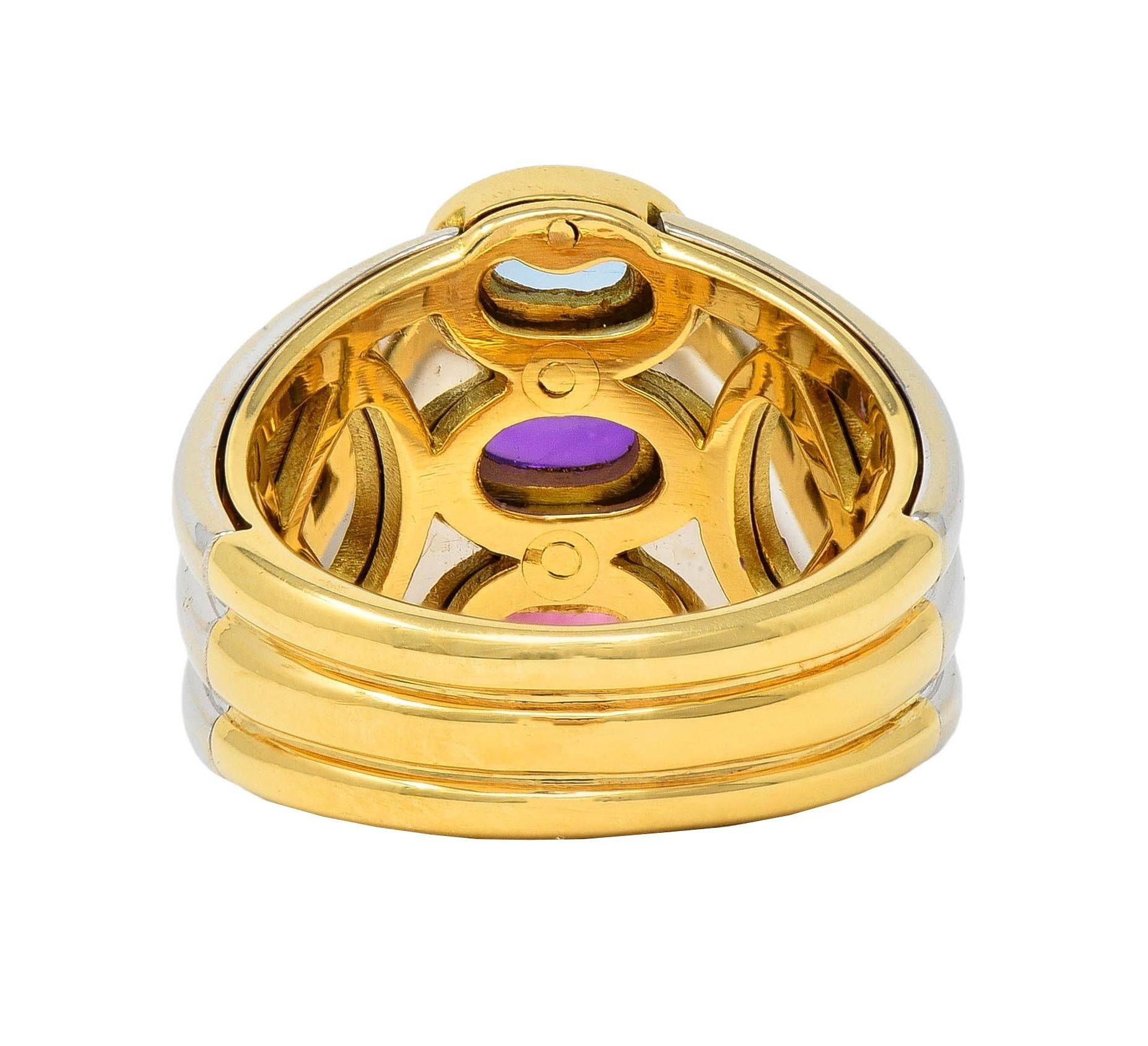 Marina B. 1980's Tourmaline Amethyst Topaz 18 Karat Two-Tone Gold Vintage Ring