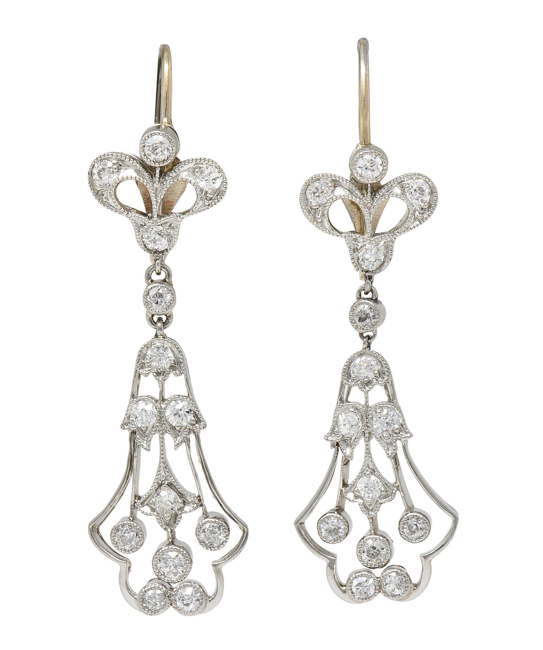 Art Deco Old European Cut Diamond Platinum Antique Lily Drop Earrings