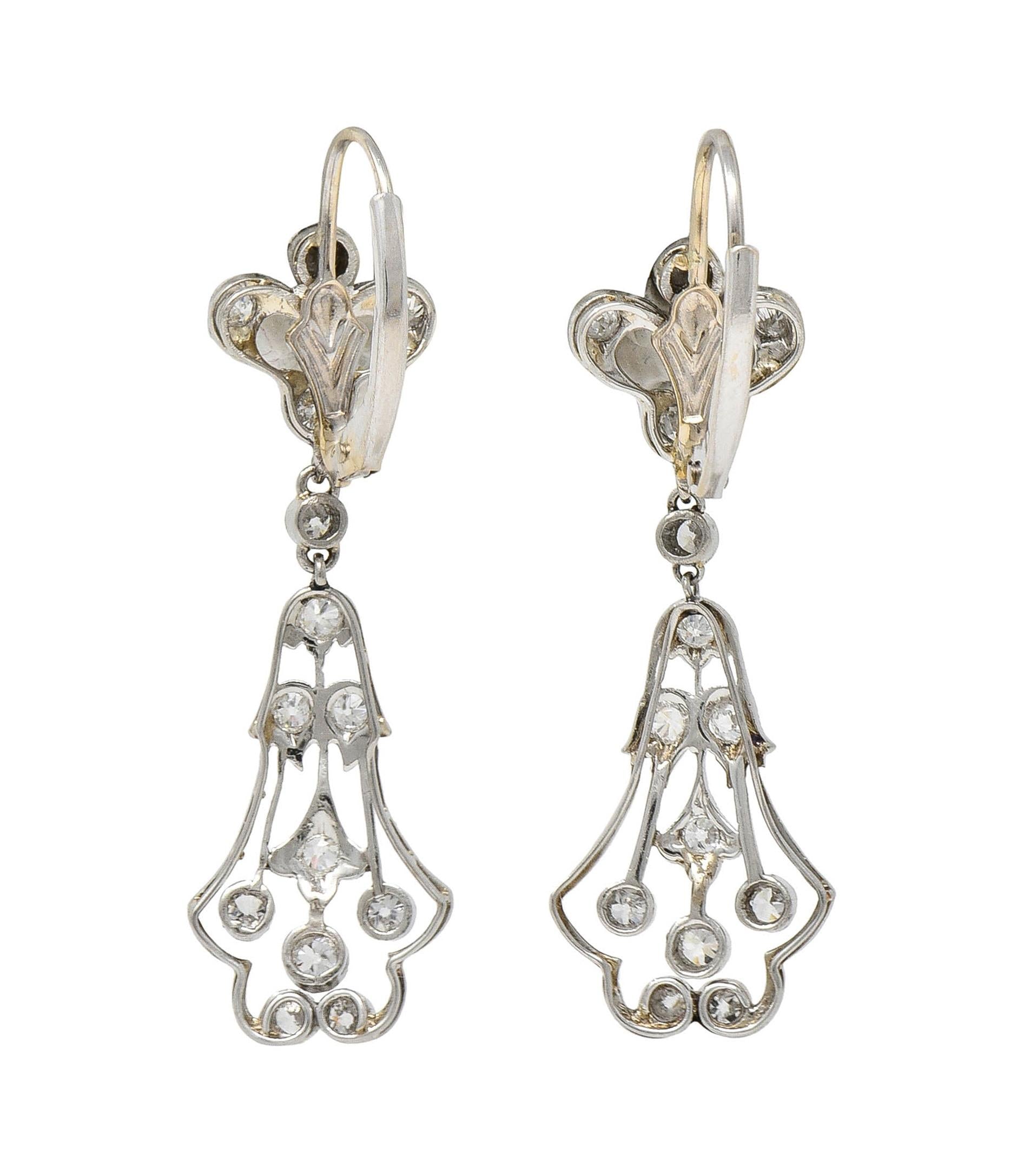 Art Deco Old European Cut Diamond Platinum Antique Lily Drop Earrings