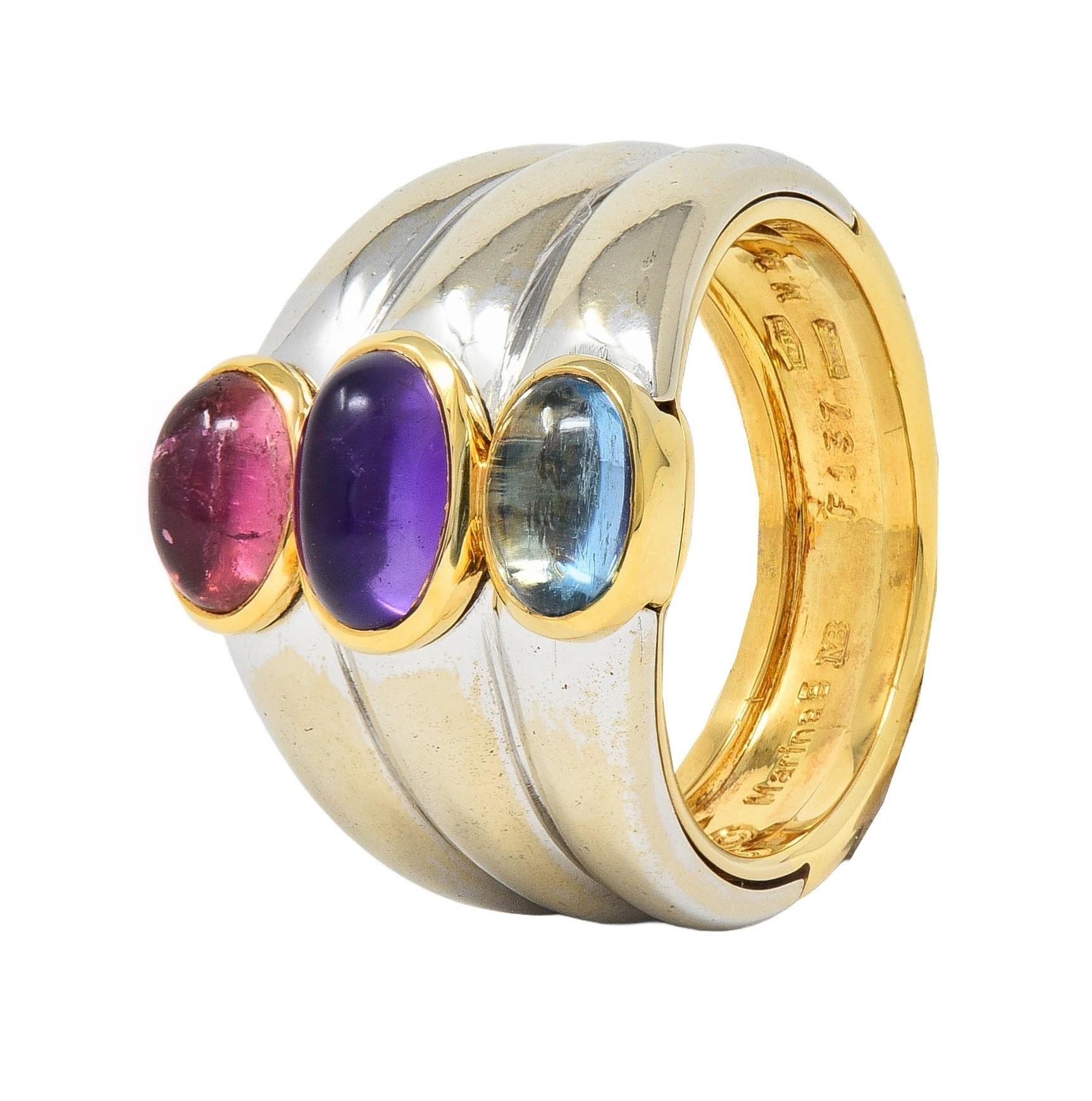 Marina B. 1980's Tourmaline Amethyst Topaz 18 Karat Two-Tone Gold Vintage Ring