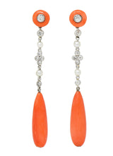 Art Deco Old European Cut Diamond Coral Pearl Platinum Antique Drop Earrings