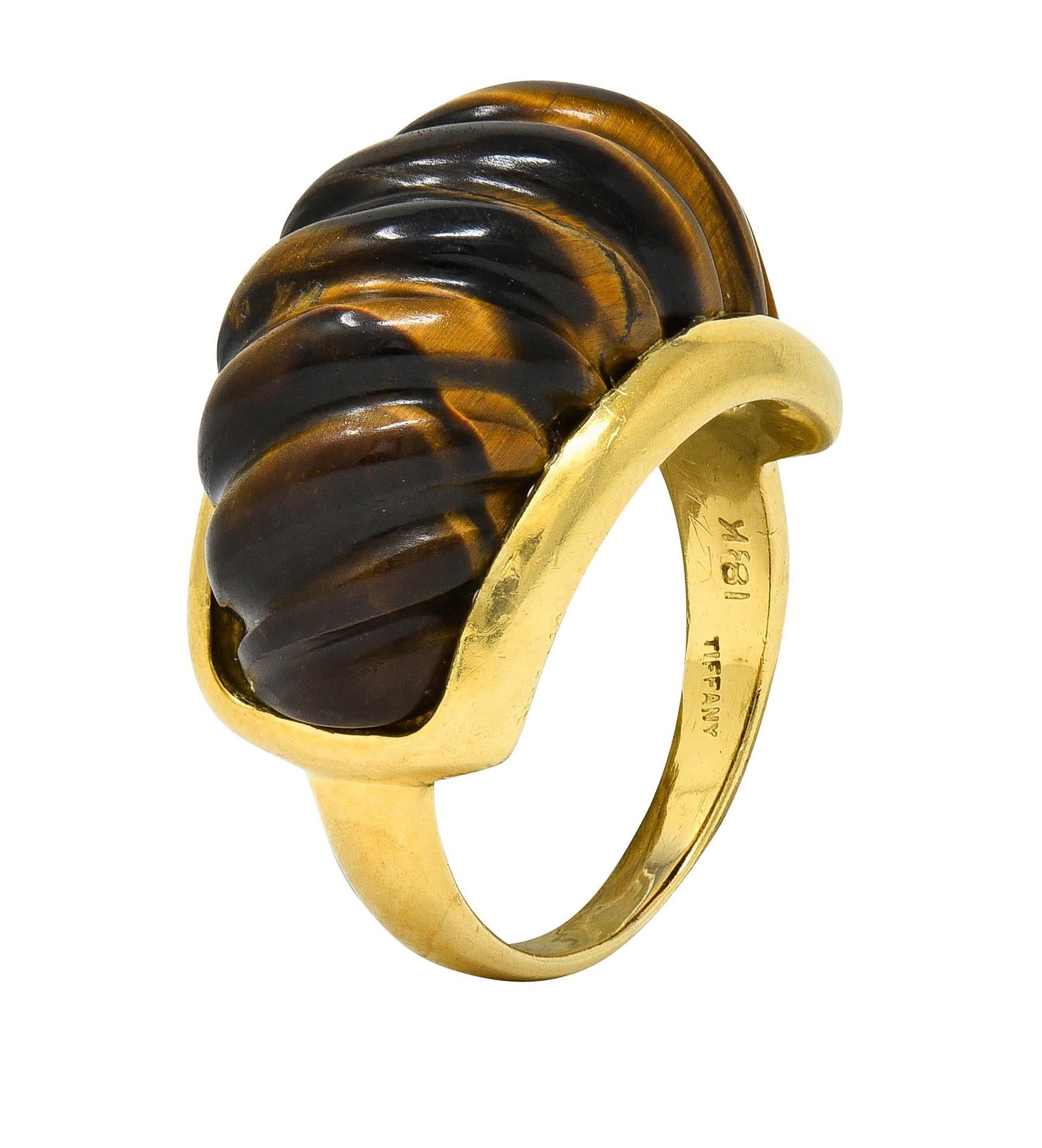 Tiffany & Co. 1970's Tiger's Eye Quartz 18K Gold Vintage Fluted Statement Ring