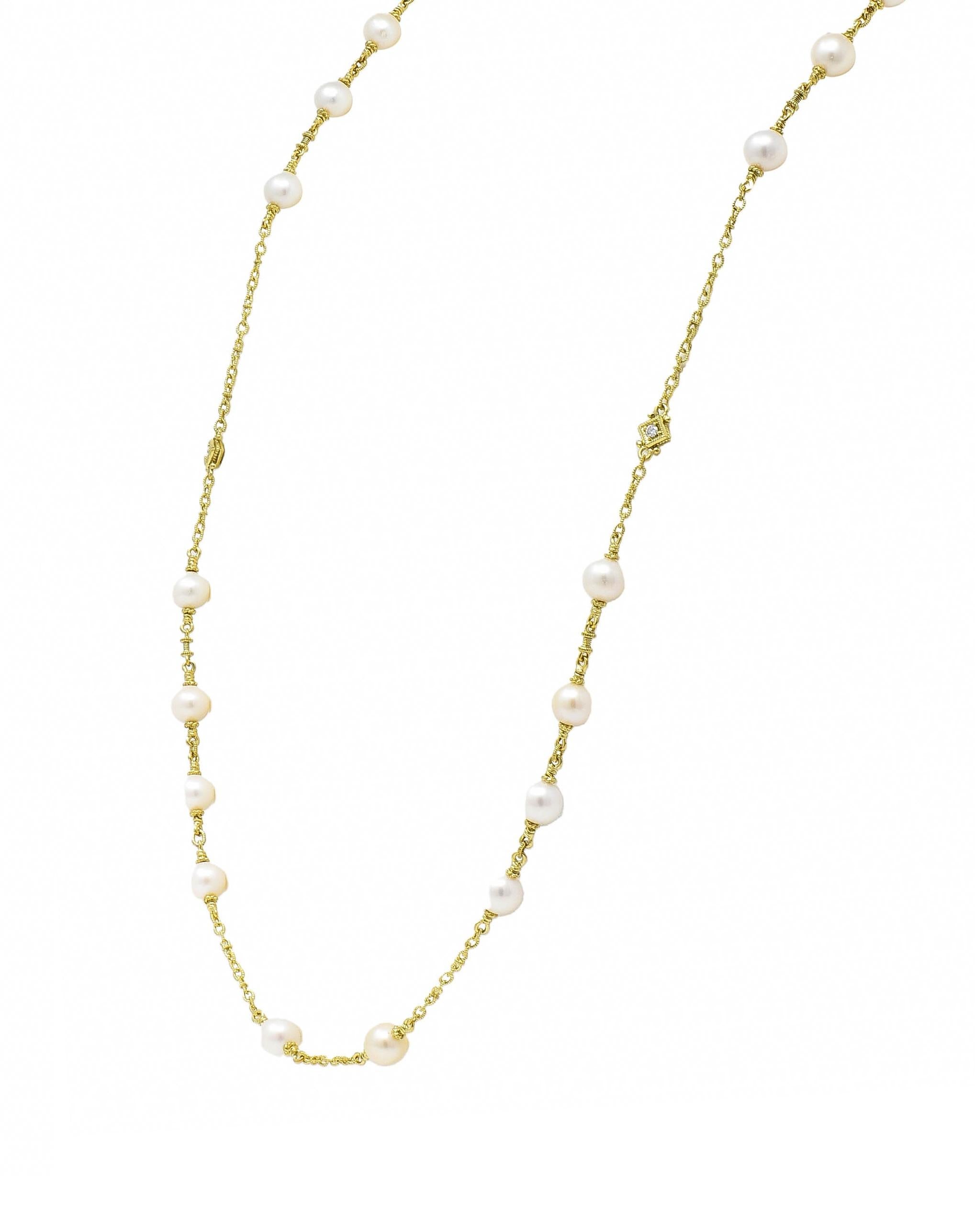 Judith Ripka 2000's Akoya Pearl Diamond 18 Karat Yellow Gold Station Necklace