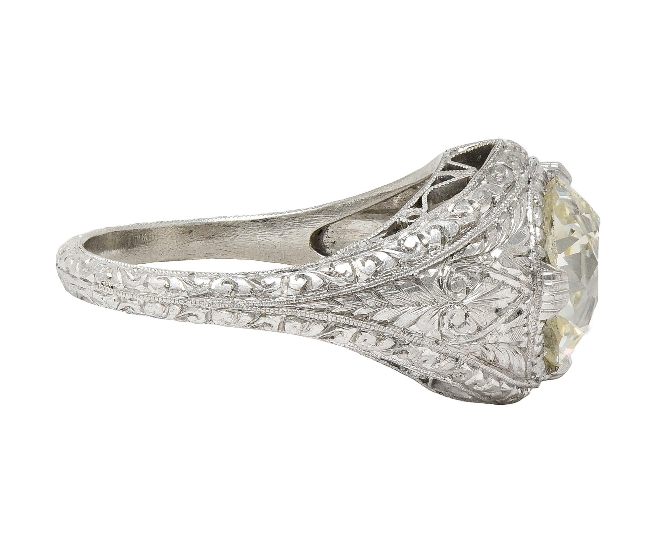 Art Deco 3.07 CTW Old European Diamond Platinum Vintage Foliate Engagement Ring