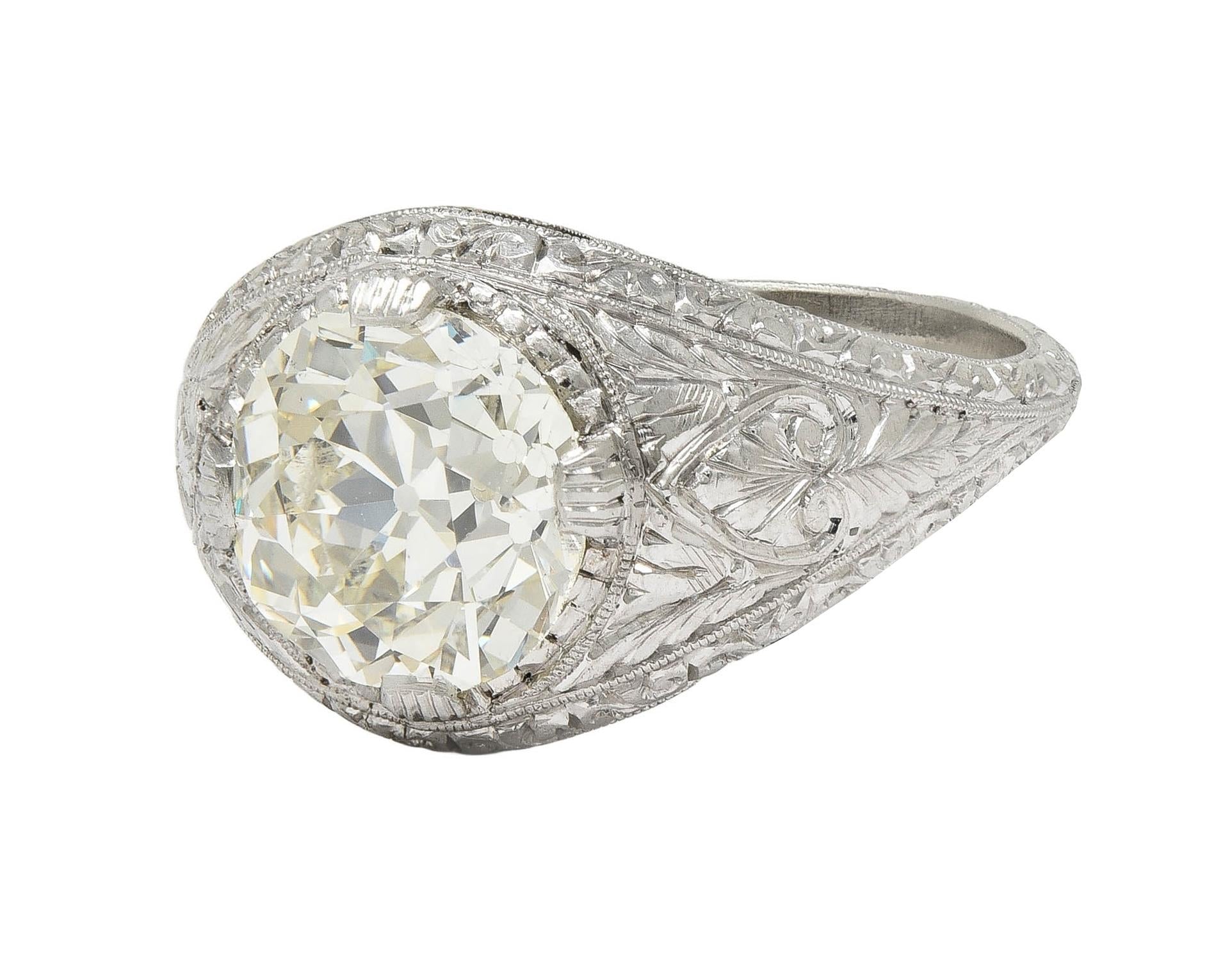 Art Deco 3.07 CTW Old European Diamond Platinum Vintage Foliate Engagement Ring