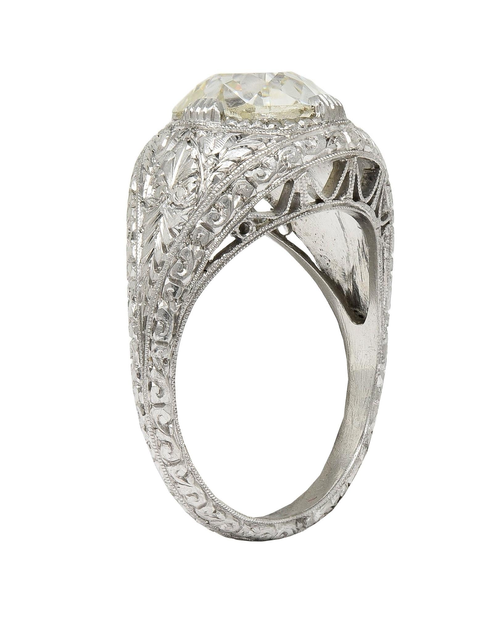 Art Deco 3.07 CTW Old European Diamond Platinum Vintage Foliate Engagement Ring