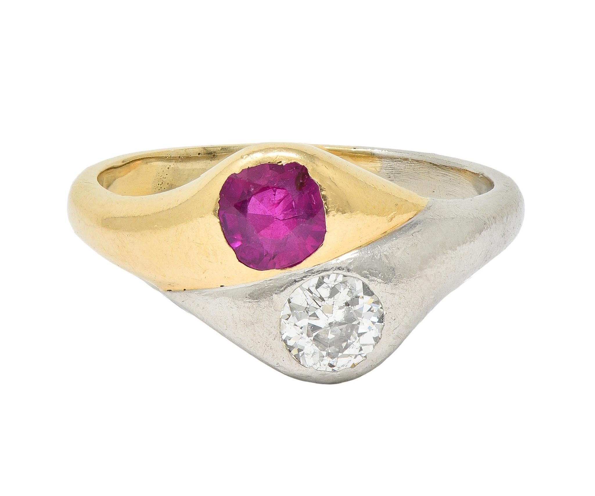 1960's 1.03 CTW Ruby Diamond Platinum 14 Karat Gold Vintage Toi-Et-Moi Ring