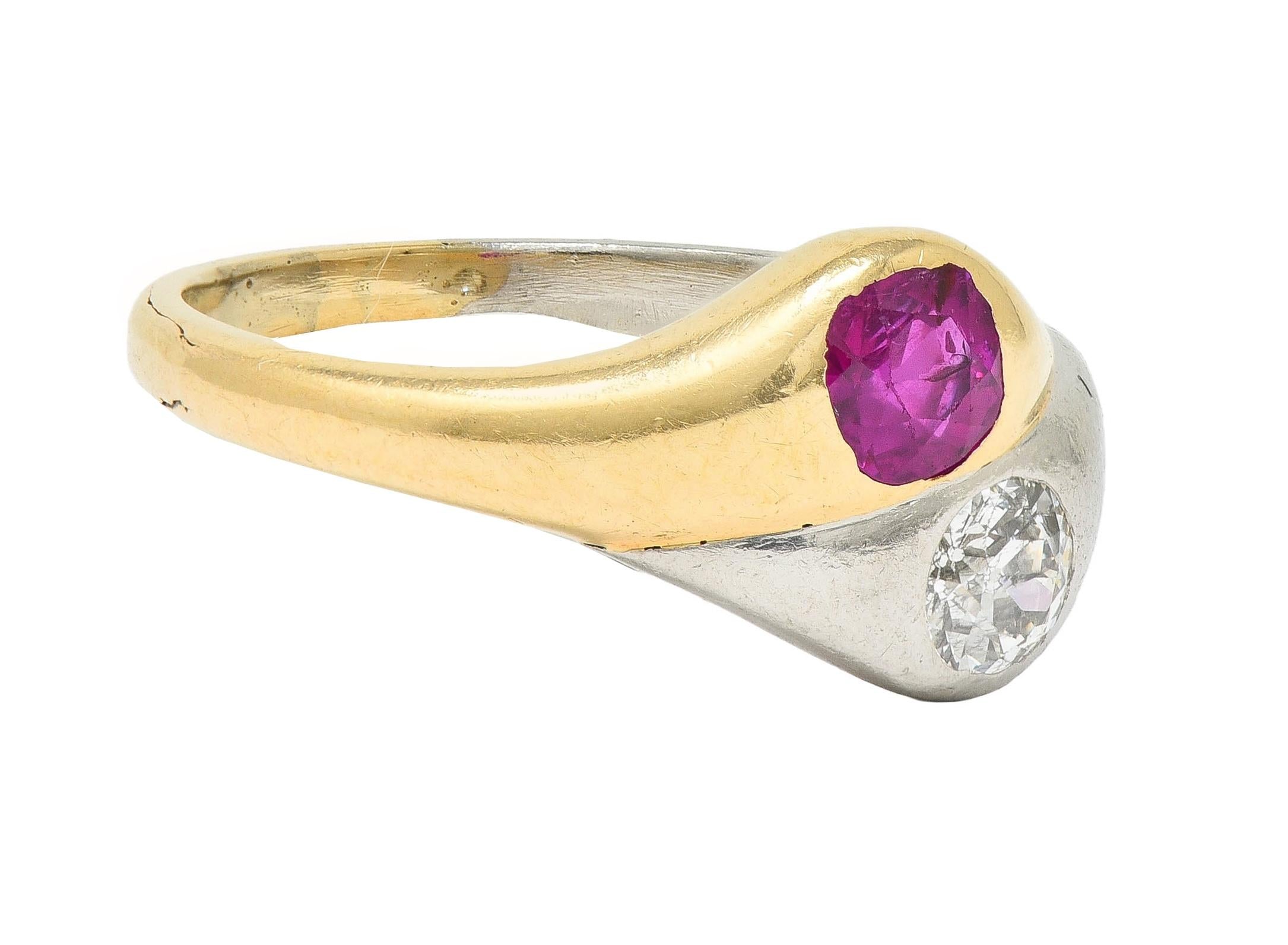 1960's 1.03 CTW Ruby Diamond Platinum 14 Karat Gold Vintage Toi-Et-Moi Ring