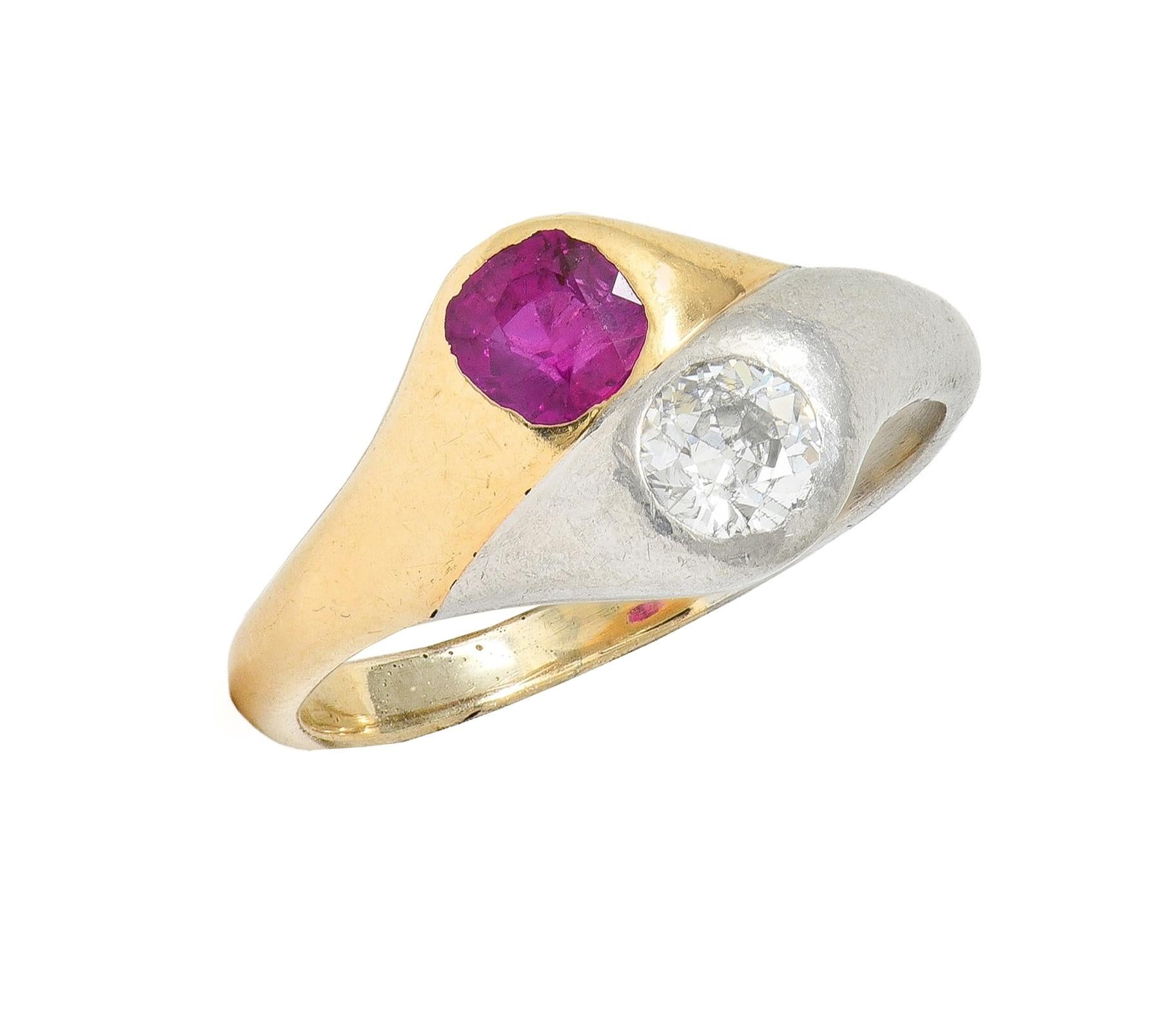 1960's 1.03 CTW Ruby Diamond Platinum 14 Karat Gold Vintage Toi-Et-Moi Ring