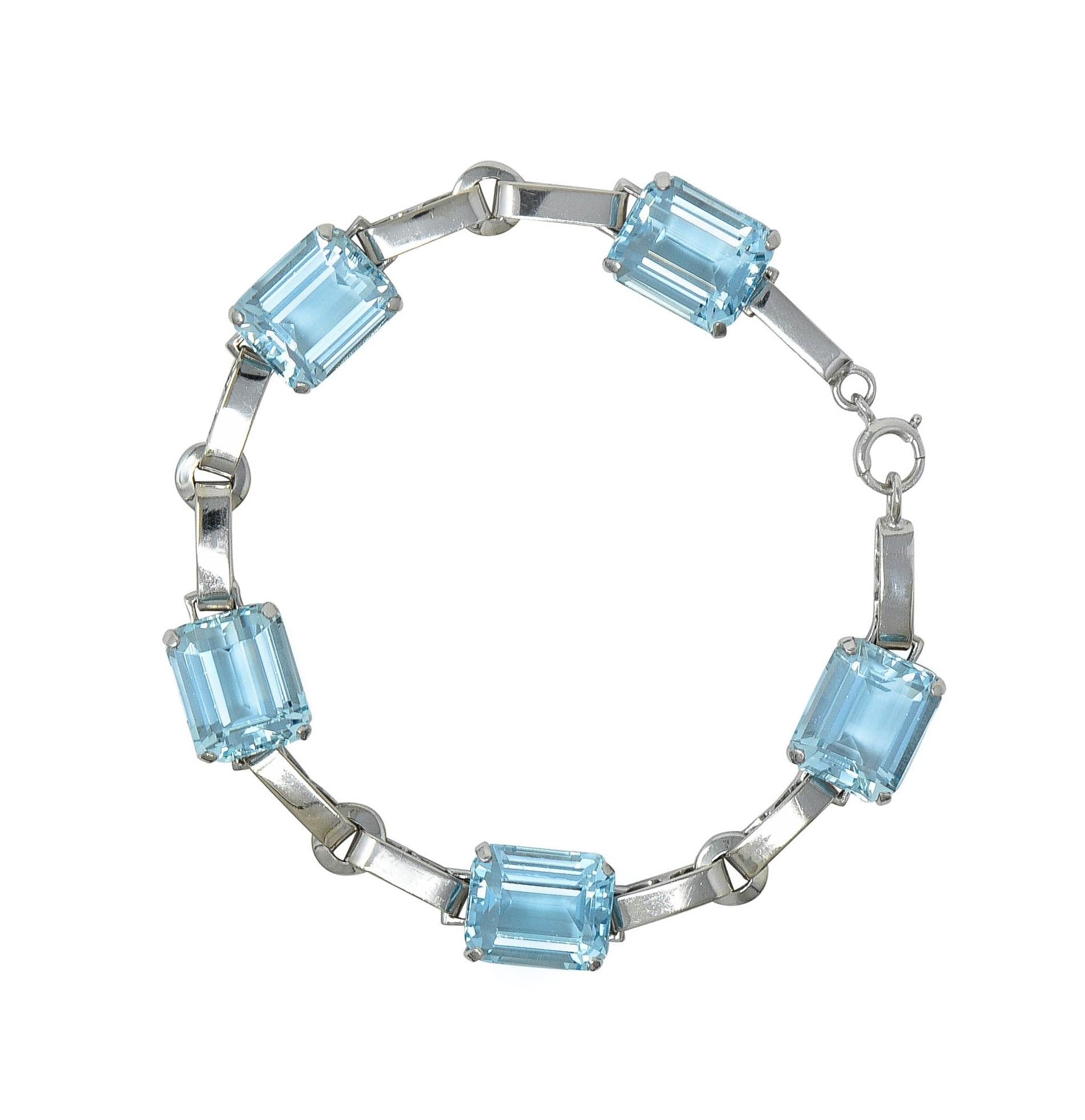 Mid-Century 27.50 CTW Aquamarine 14 Karat White Gold Vintage Link Bracelet