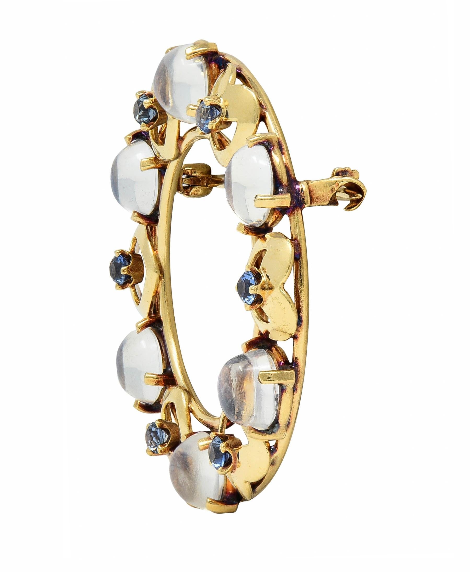 Retro Sapphire Moonstone 14 Karat Yellow Gold Vintage Heart Circle Brooch