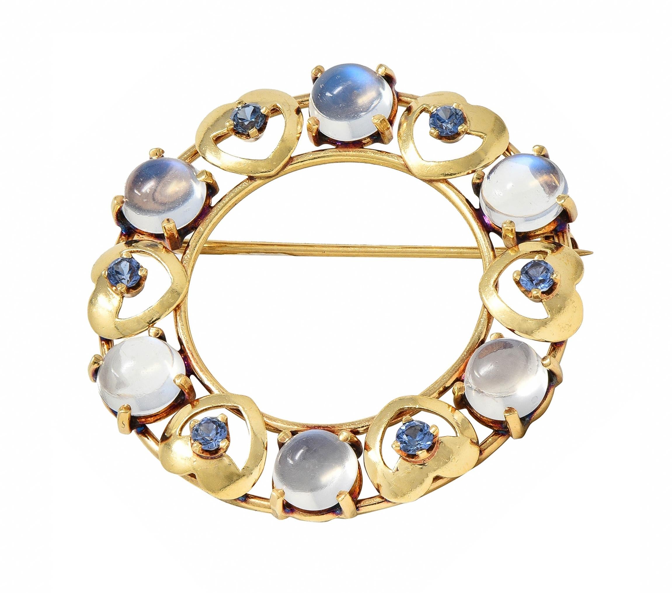 Retro Sapphire Moonstone 14 Karat Yellow Gold Vintage Heart Circle Brooch