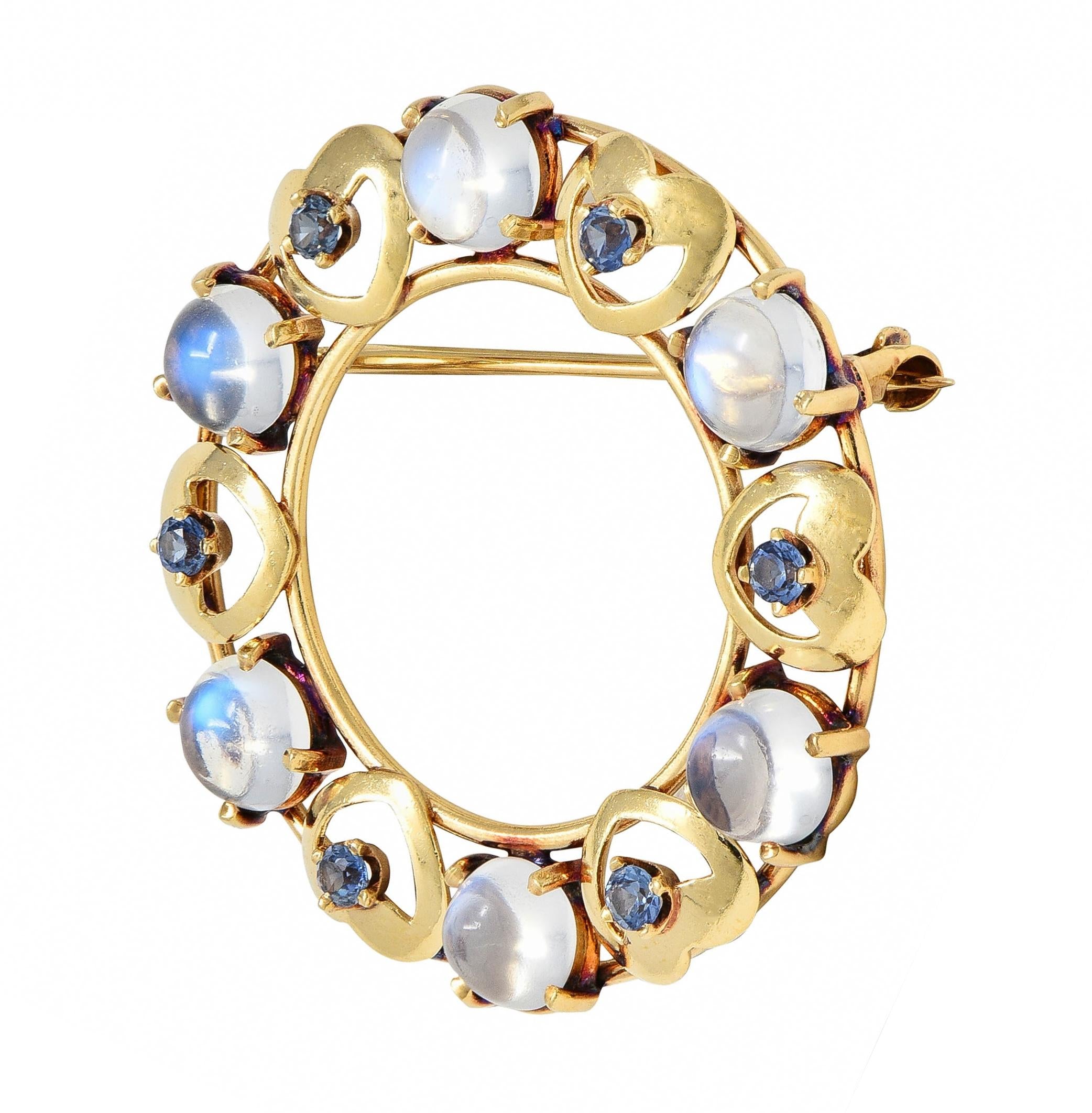 Retro Sapphire Moonstone 14 Karat Yellow Gold Vintage Heart Circle Brooch