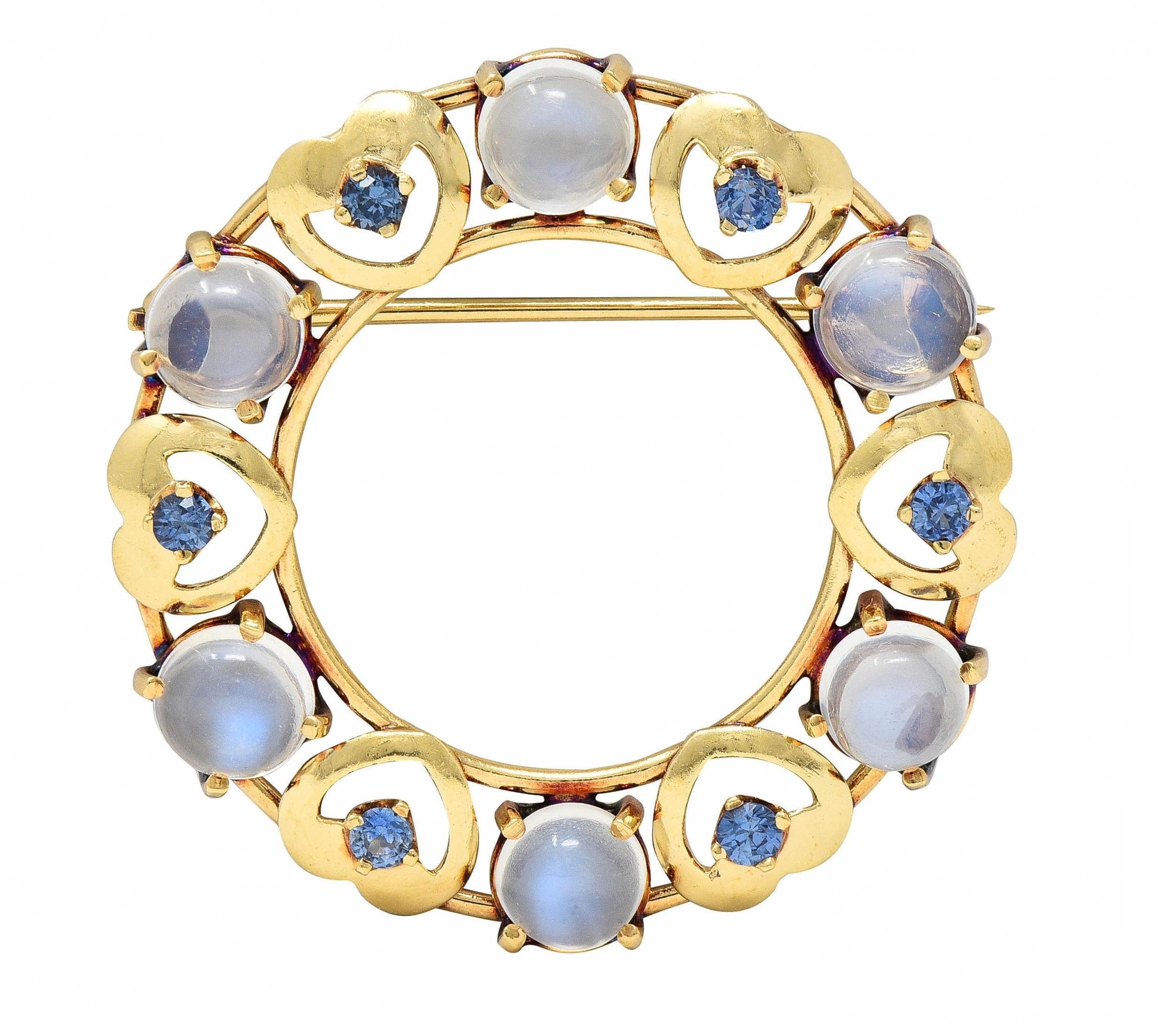 Retro Sapphire Moonstone 14 Karat Yellow Gold Vintage Heart Circle Brooch