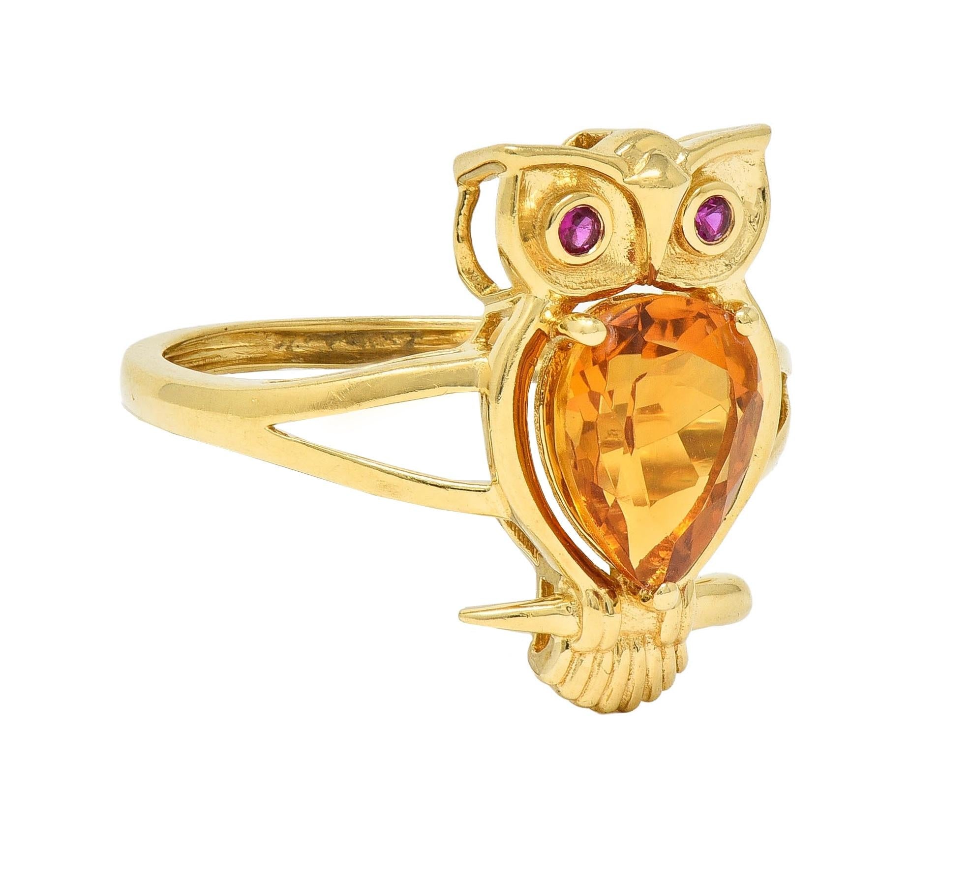 Contemporary 1.63 CTW Citrine Ruby 18 Karat Yellow Gold Owl Bird Ring