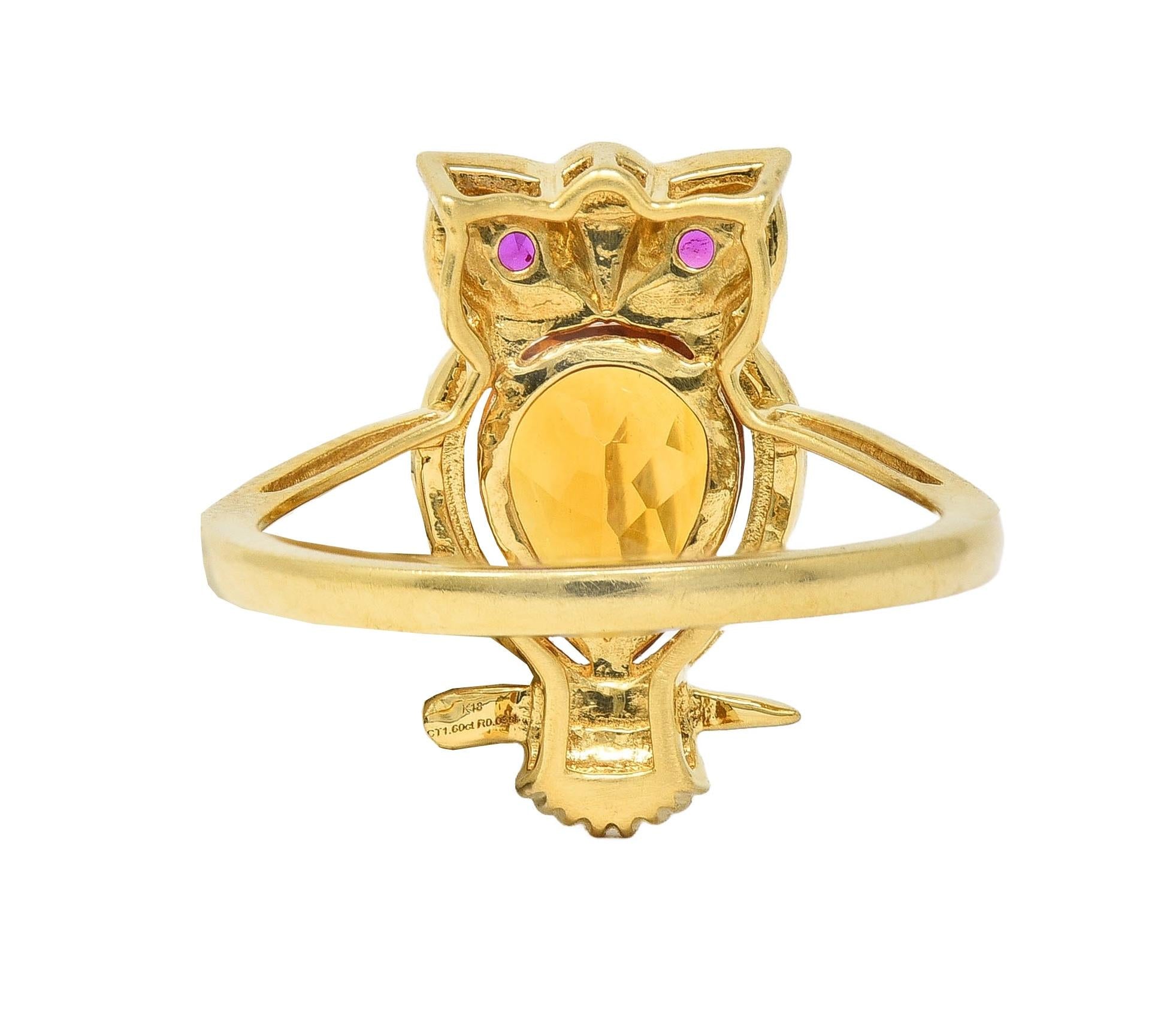 Contemporary 1.63 CTW Citrine Ruby 18 Karat Yellow Gold Owl Bird Ring