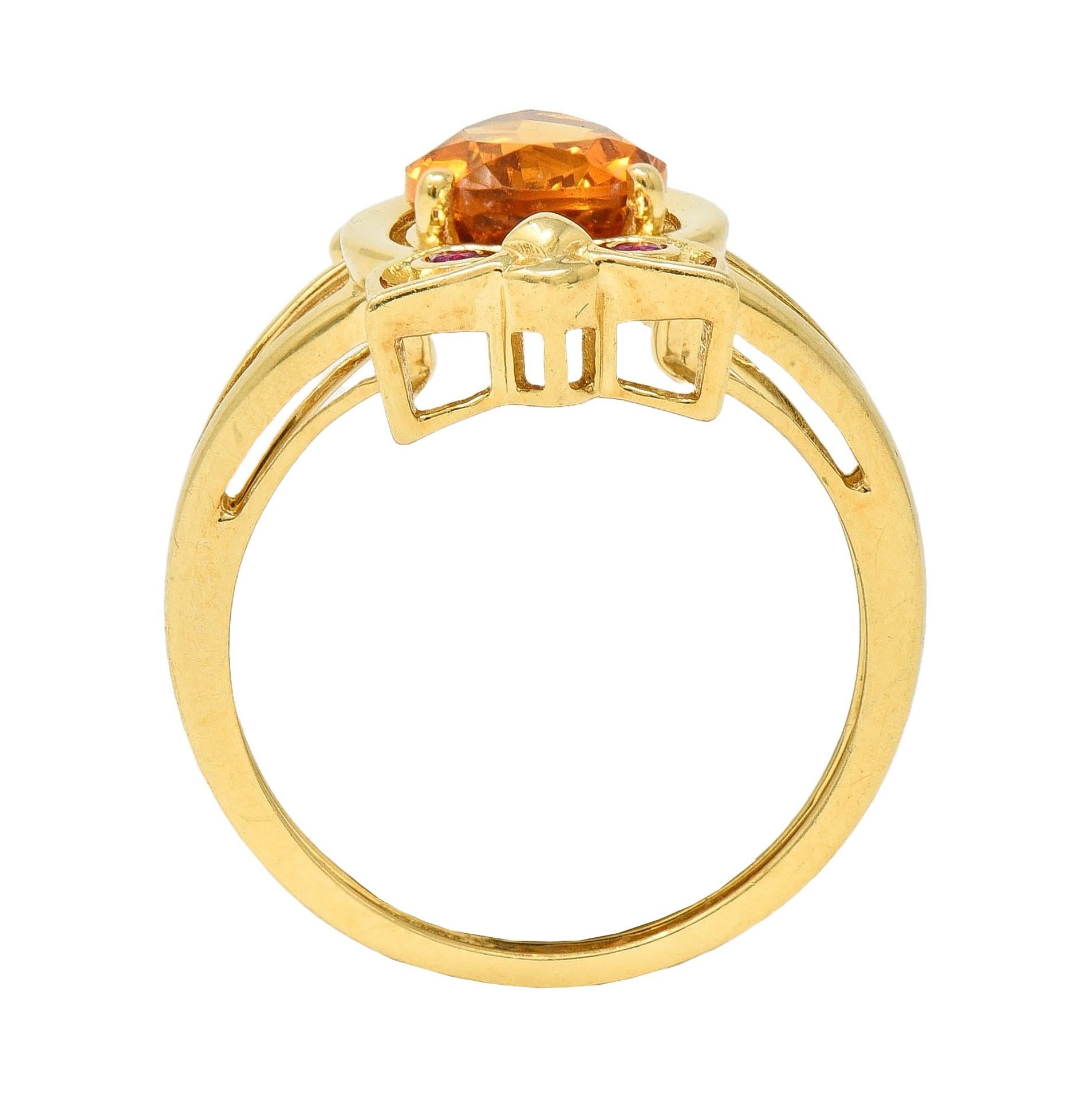 Contemporary 1.63 CTW Citrine Ruby 18 Karat Yellow Gold Owl Bird Ring