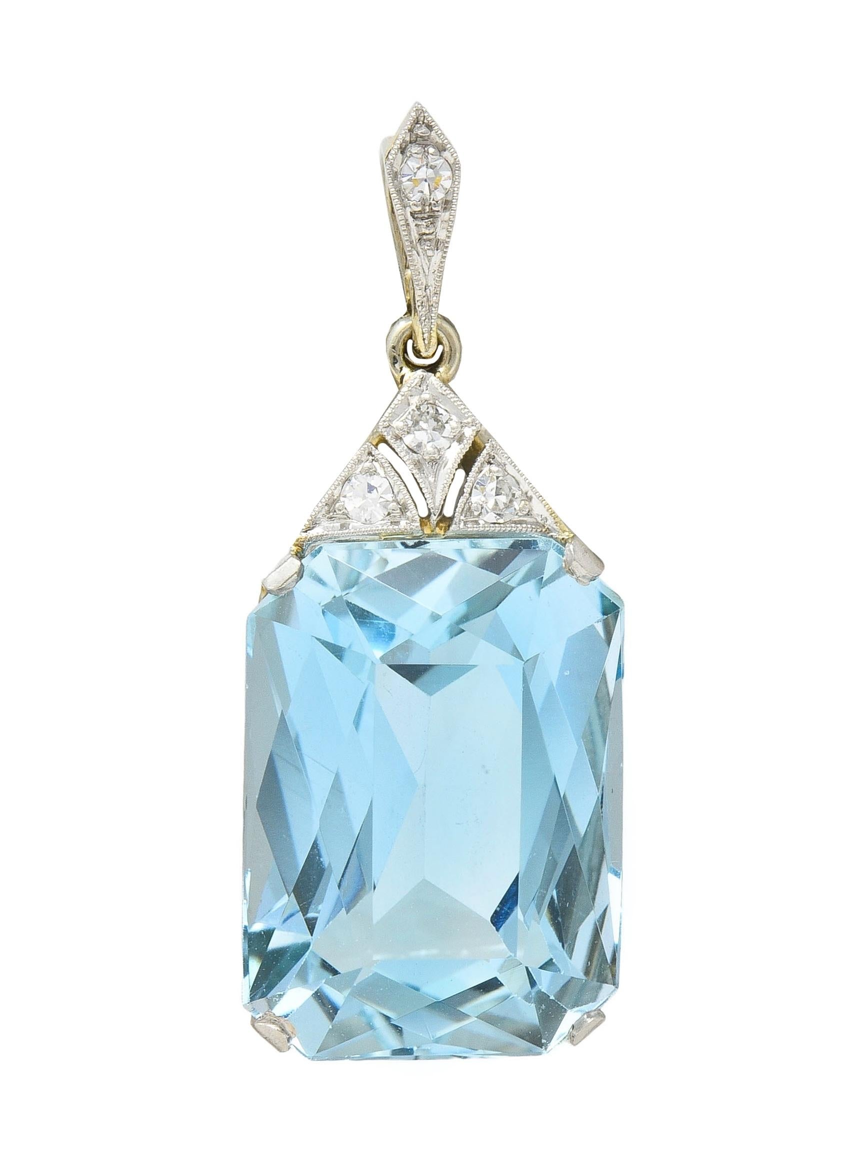 Art Deco 17.70 CTW Aquamarine Diamond Platinum 18 Karat Gold Antique Pendant