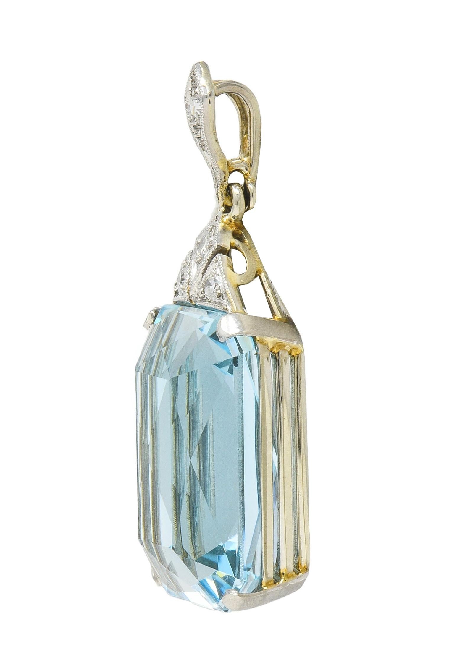 Art Deco 17.70 CTW Aquamarine Diamond Platinum 18 Karat Gold Antique Pendant