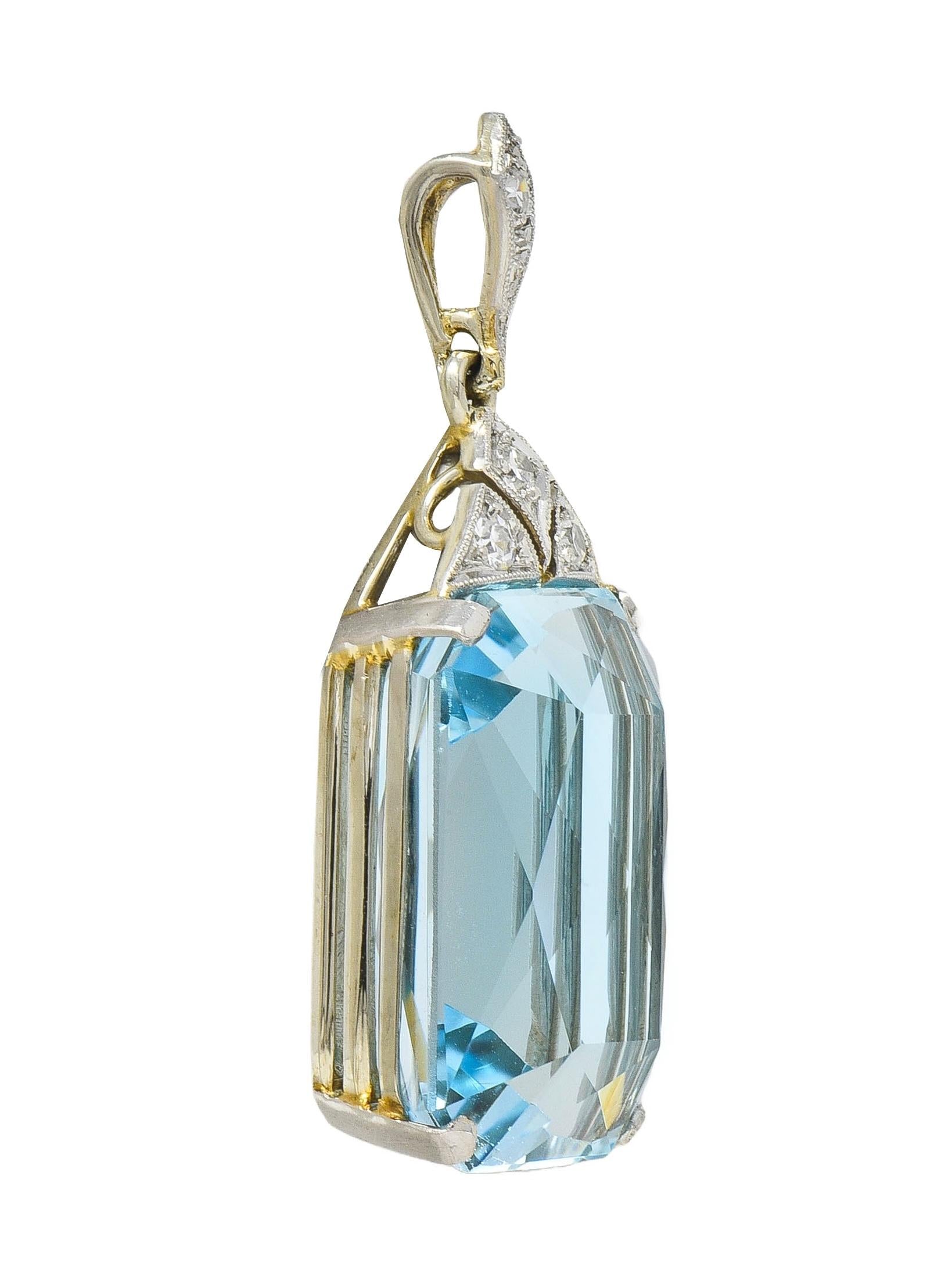 Art Deco 17.70 CTW Aquamarine Diamond Platinum 18 Karat Gold Antique Pendant