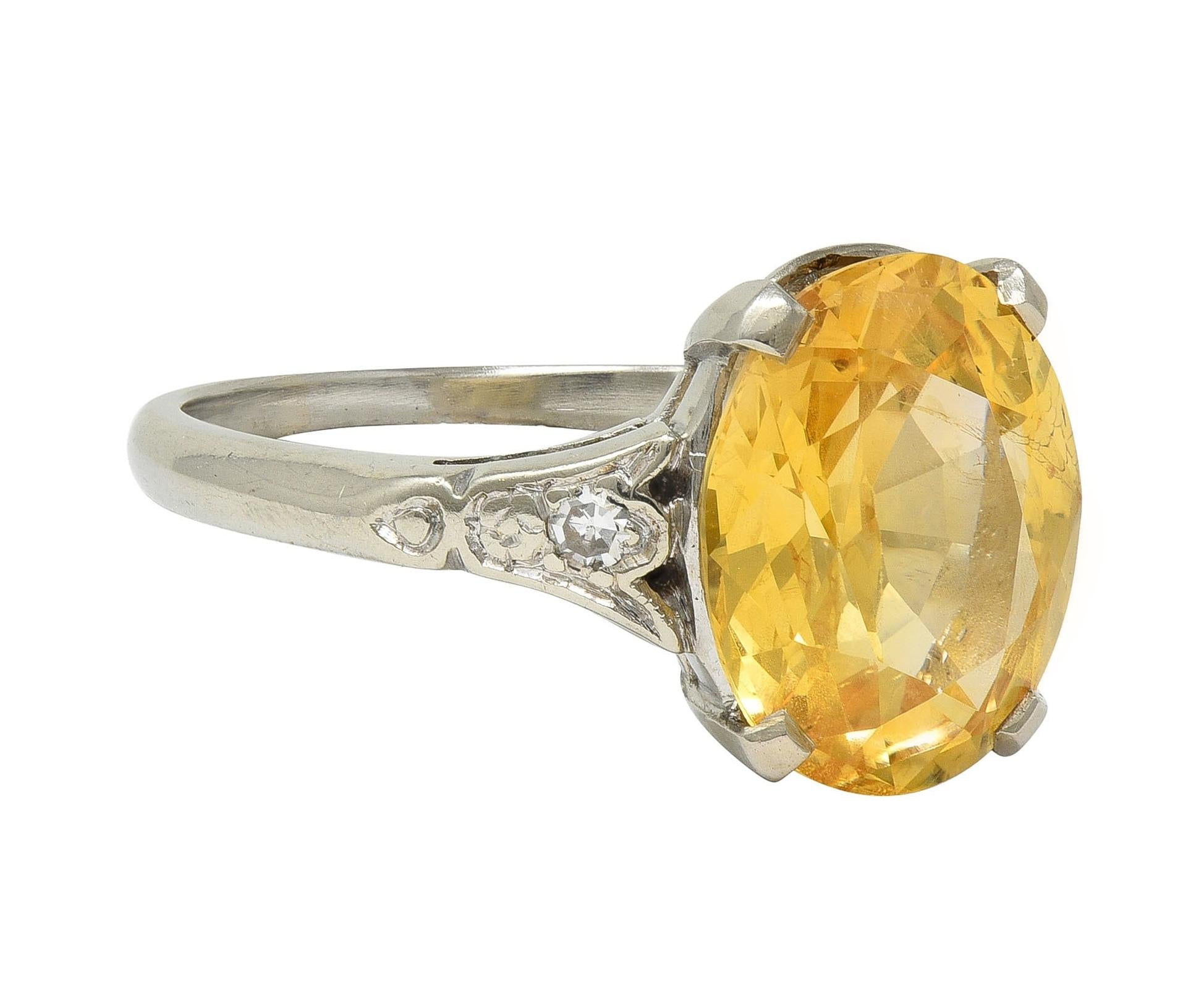 Art Deco 5.22 CTW Yellow Ceylon Sapphire Diamond 14 Karat Gold Vintage Ring GIA