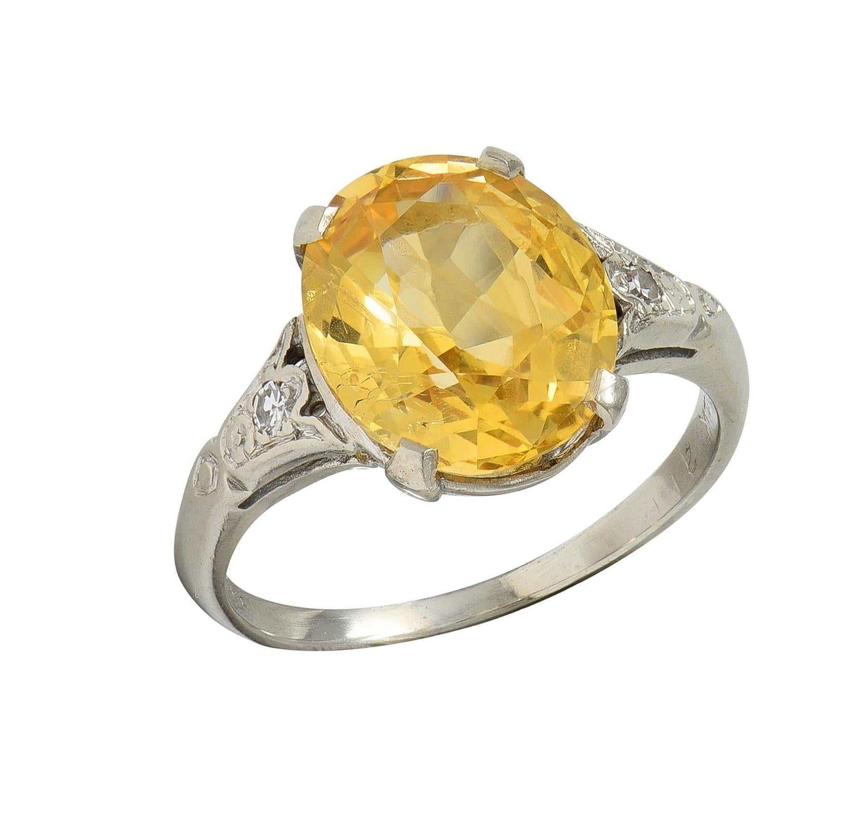 Art Deco 5.22 CTW Yellow Ceylon Sapphire Diamond 14 Karat Gold Vintage Ring GIA