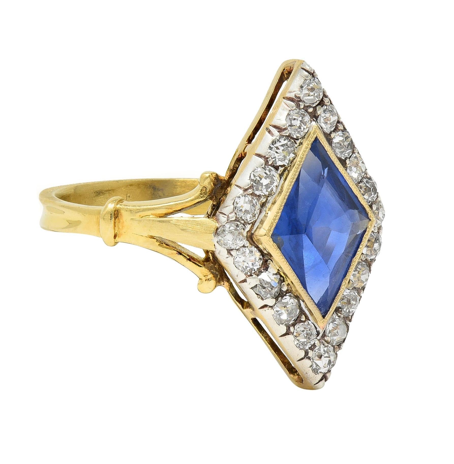 Edwardian 2.40 CTW No Heat Ceylon Sapphire Diamond Silver 18K Gold Navette Ring