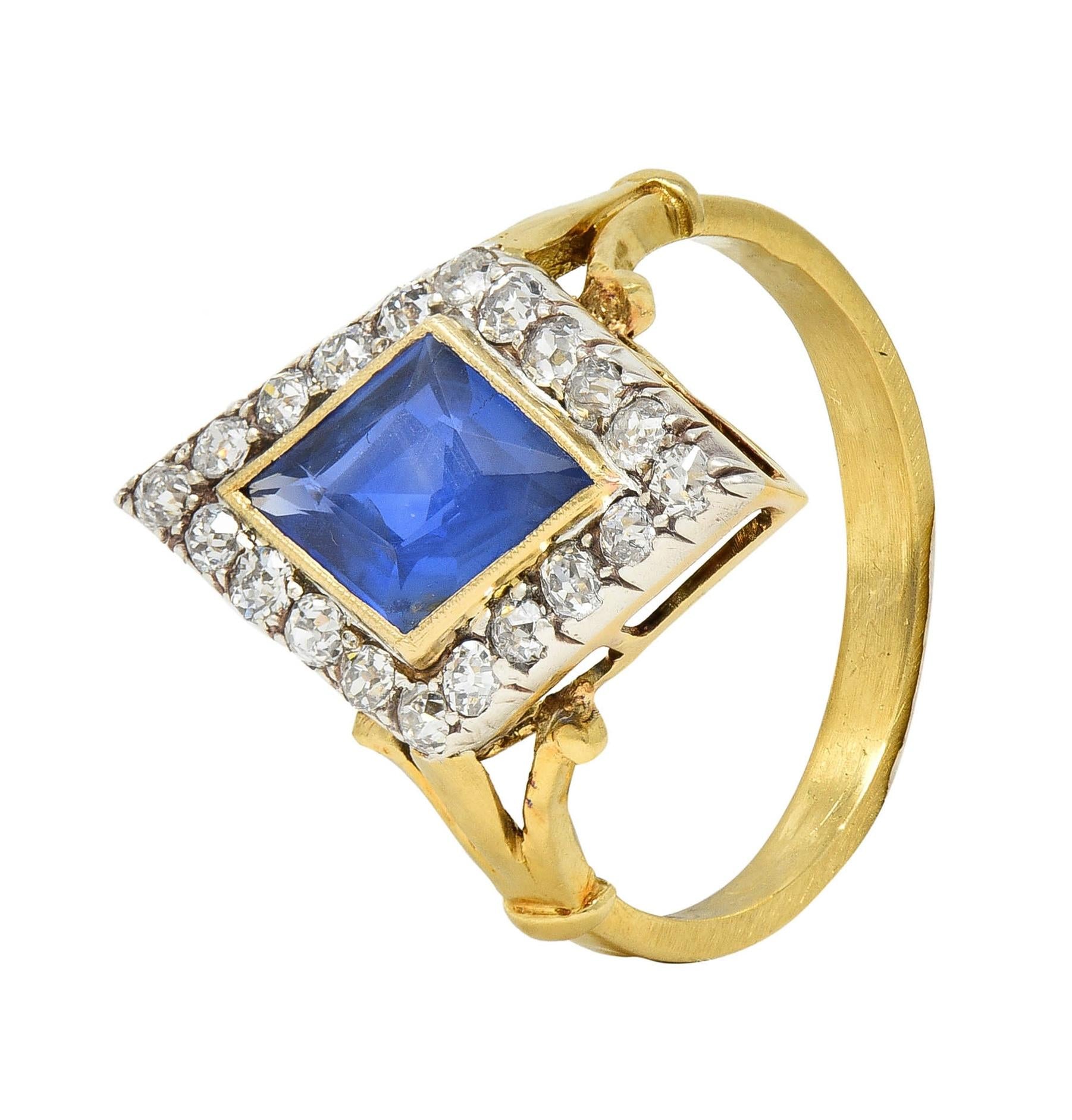 Edwardian 2.40 CTW No Heat Ceylon Sapphire Diamond Silver 18K Gold Navette Ring