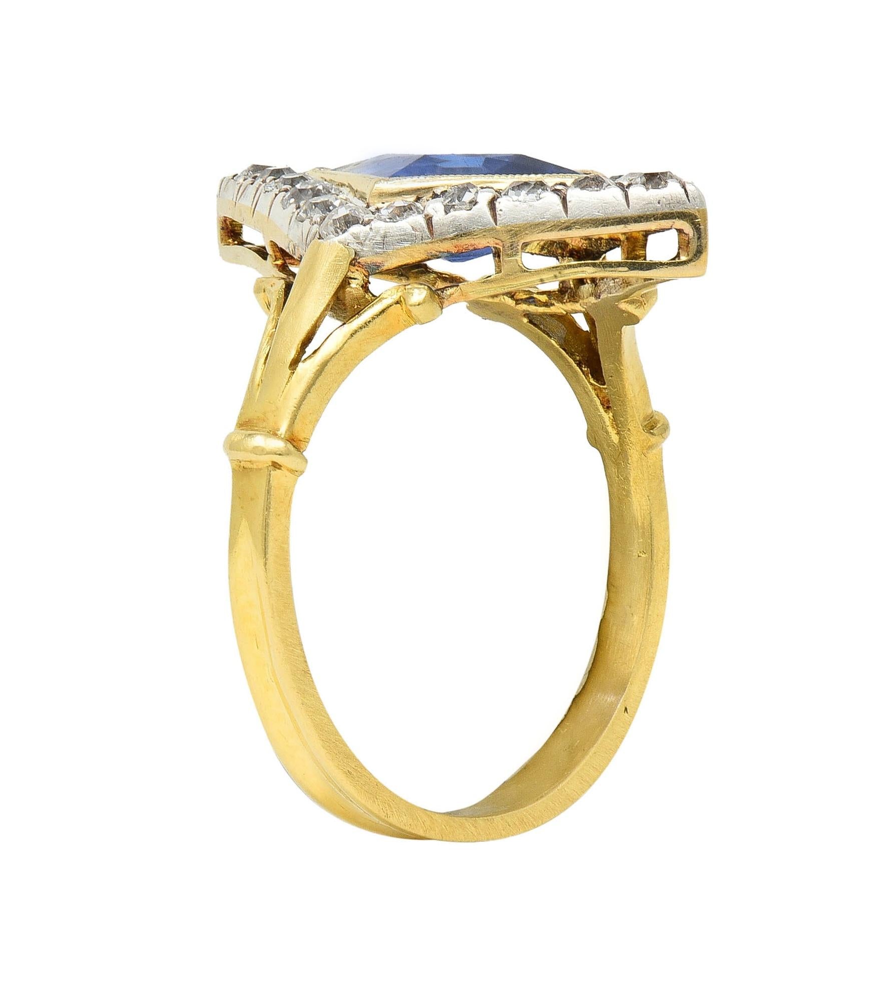 Edwardian 2.40 CTW No Heat Ceylon Sapphire Diamond Silver 18K Gold Navette Ring