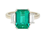 1980's 3.51 CTW Colombian Emerald Diamond Platinum 18K  White Gold Ring AGL