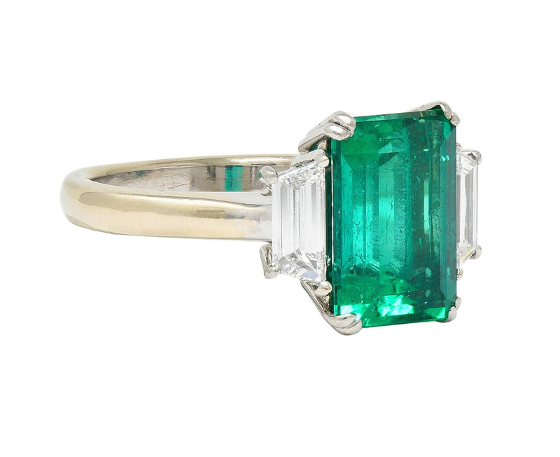 1980's 3.51 CTW Colombian Emerald Diamond Platinum 18K  White Gold Ring AGL