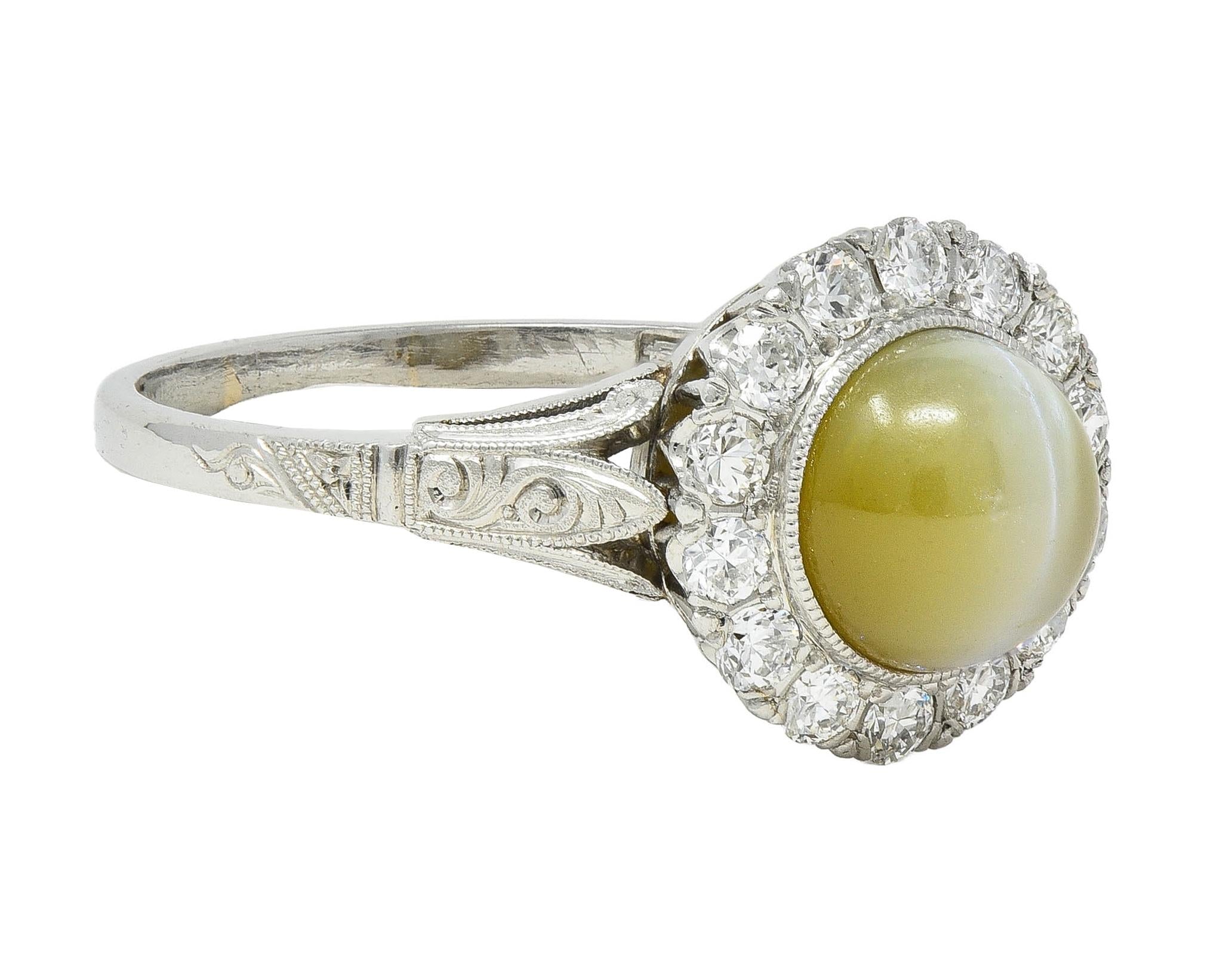 Late Art Deco 0.42 CTW Diamond Cat's Eye Chrysoberyl Platinum Vintage Halo Ring