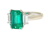 1980's 3.51 CTW Colombian Emerald Diamond Platinum 18K  White Gold Ring AGL