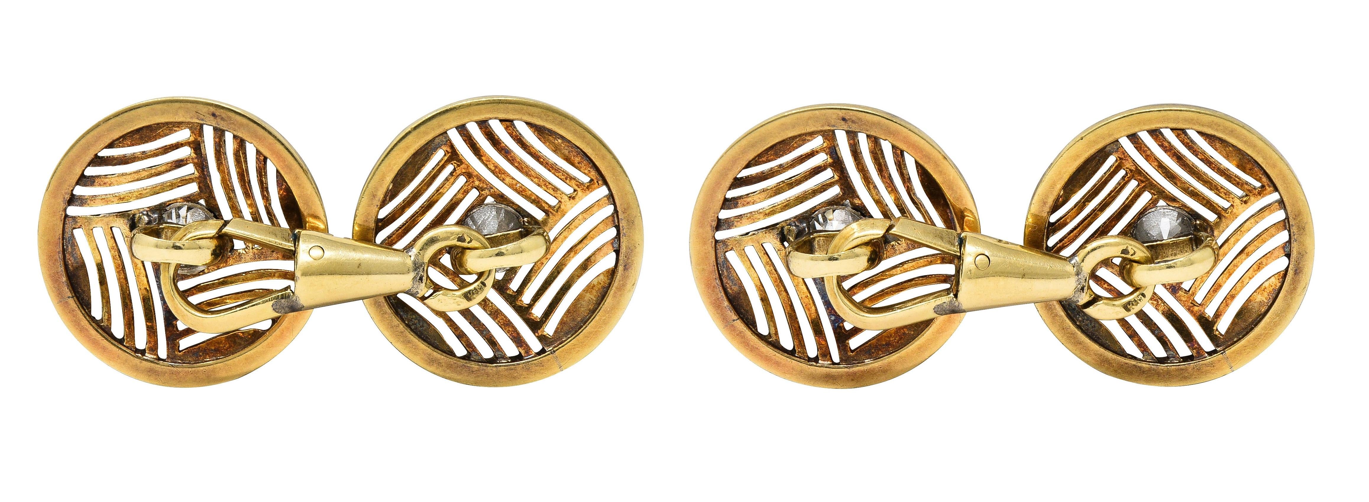 Art Deco Diamond Platinum 14 Karat Yellow Gold Antique Geometric Disk Cufflinks