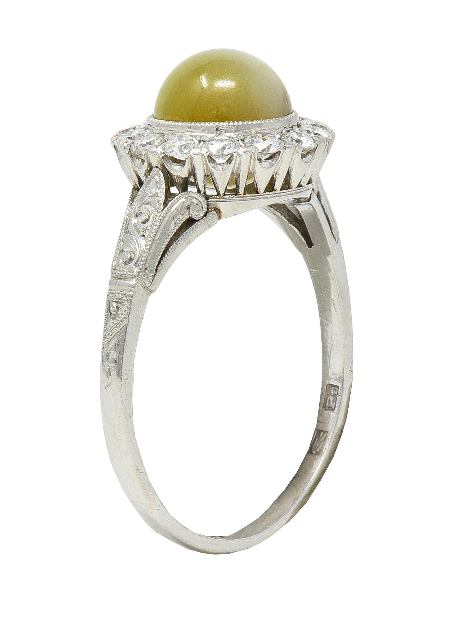 Late Art Deco 0.42 CTW Diamond Cat's Eye Chrysoberyl Platinum Vintage Halo Ring