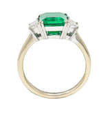 1980's 3.51 CTW Colombian Emerald Diamond Platinum 18K  White Gold Ring AGL