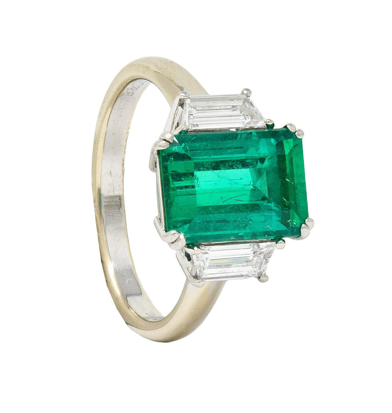 1980's 3.51 CTW Colombian Emerald Diamond Platinum 18K  White Gold Ring AGL