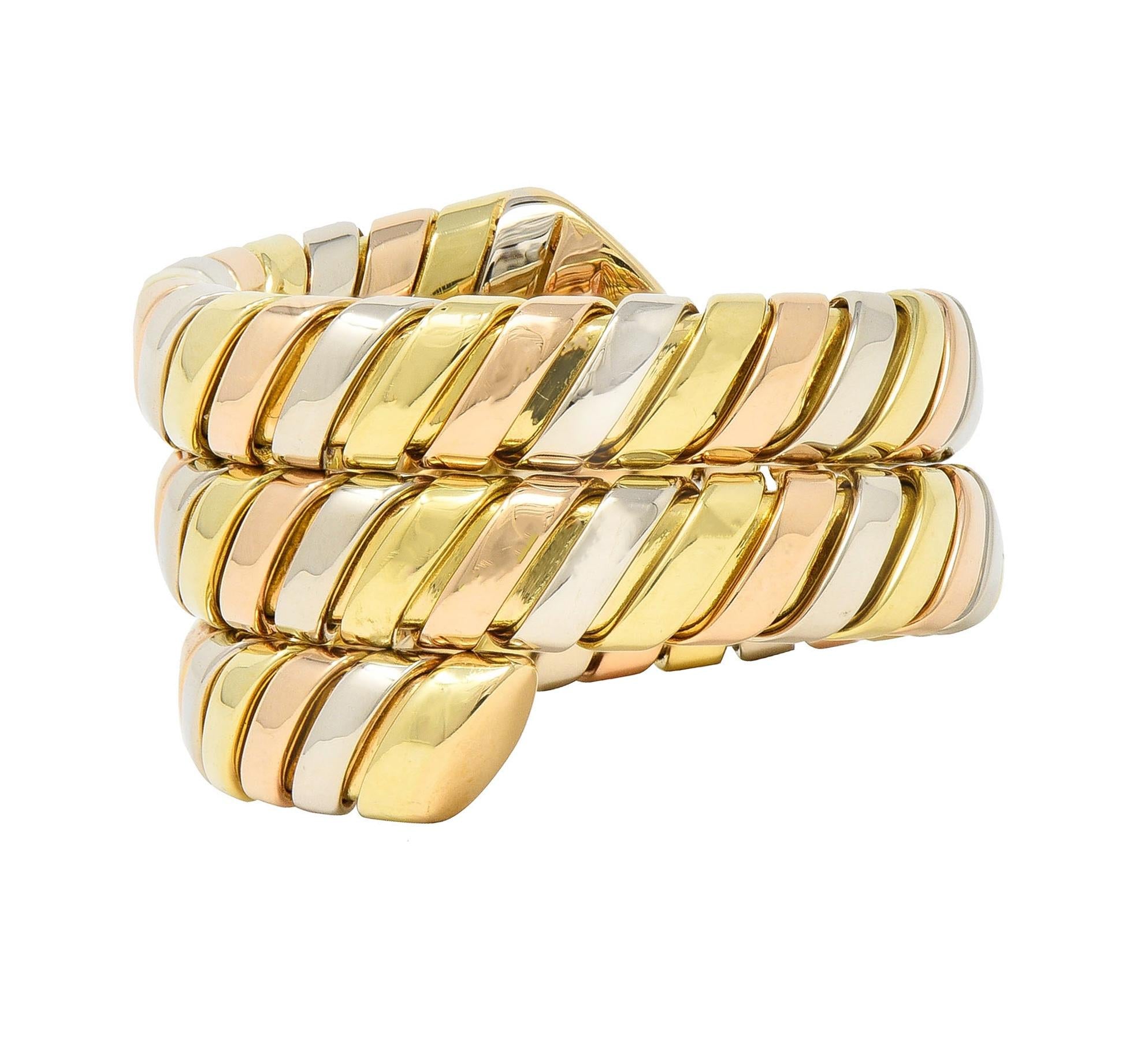 Bulgari 18 Karat Tri-Gold Vintage Tubogas Serpenti Triple Wrap Vintage Ring