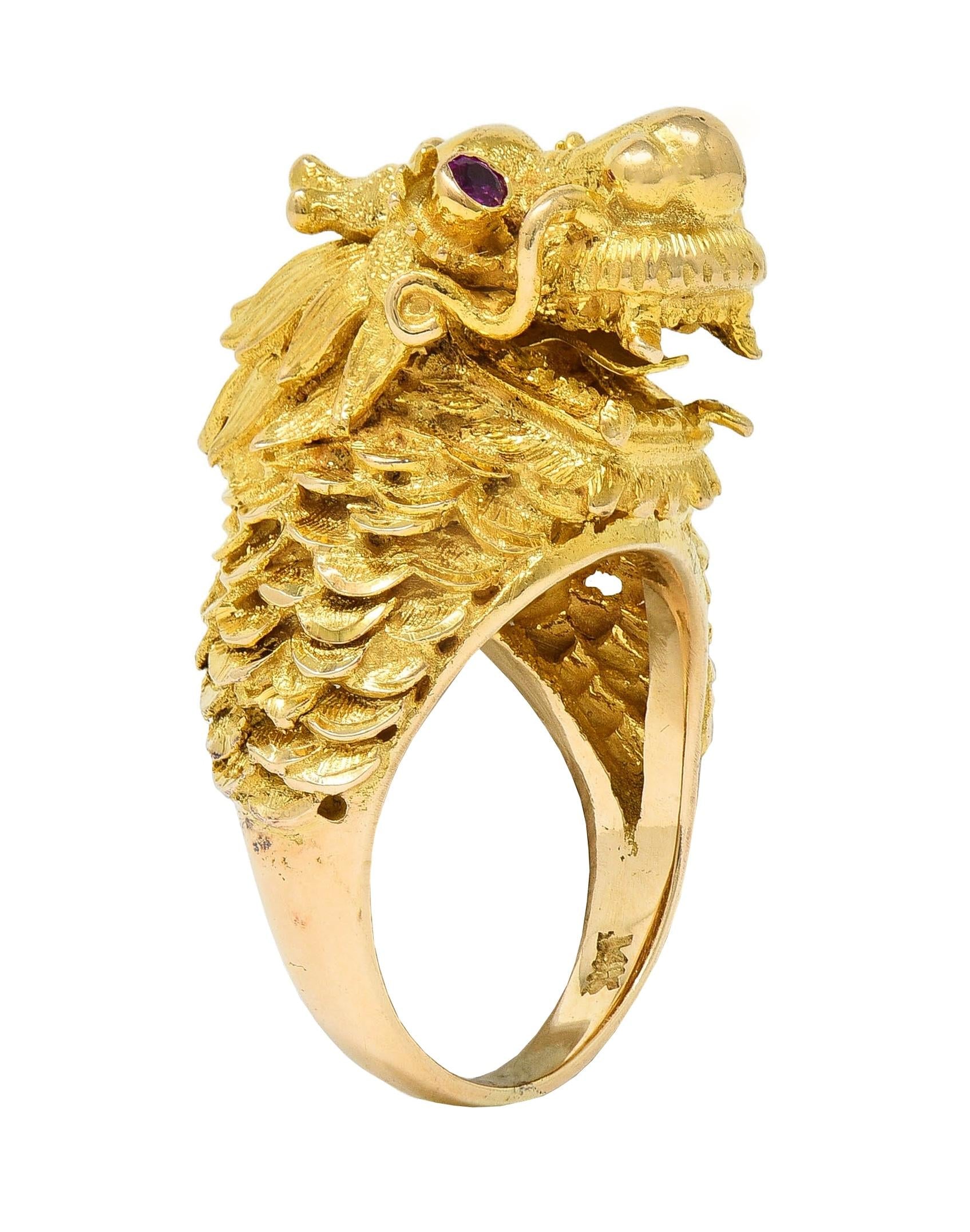 Contemporary Ruby 14 Karat Yellow Gold Dragon Statement Ring