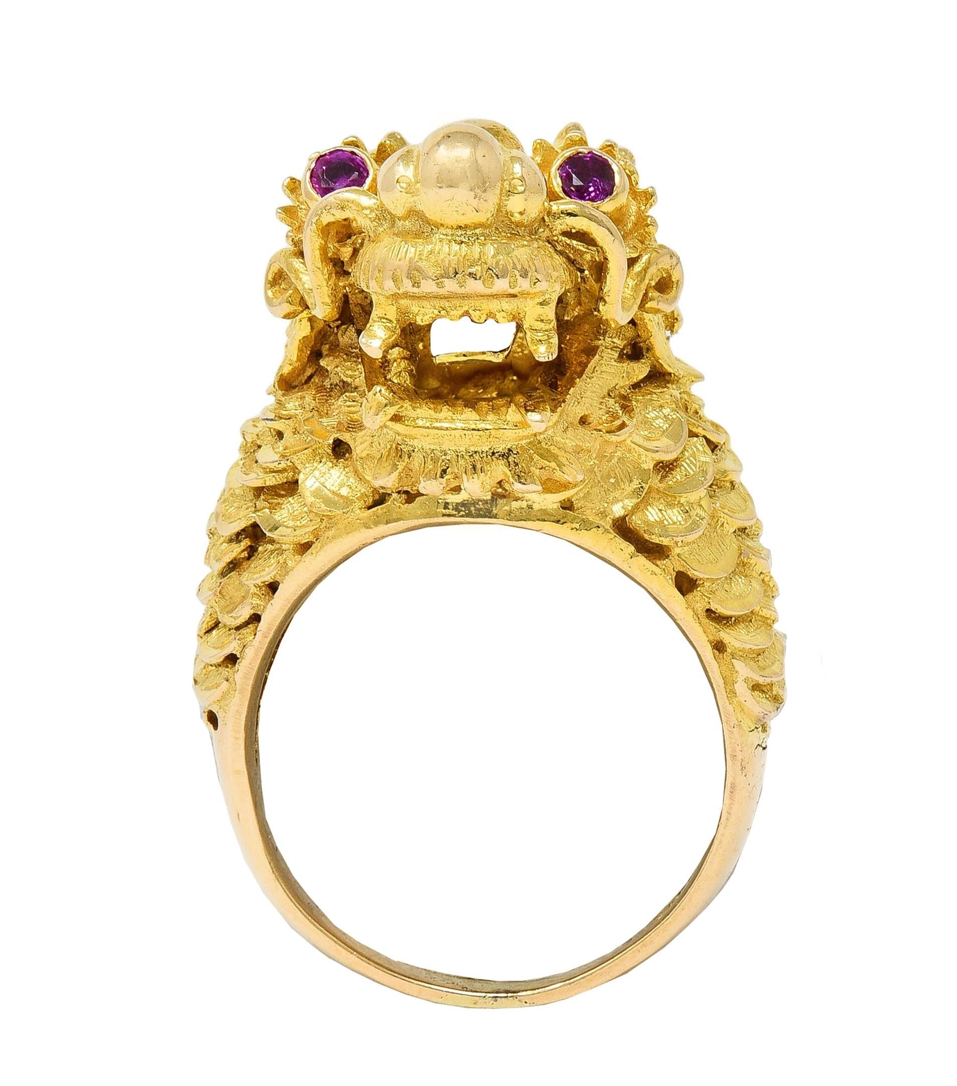 Contemporary Ruby 14 Karat Yellow Gold Dragon Statement Ring