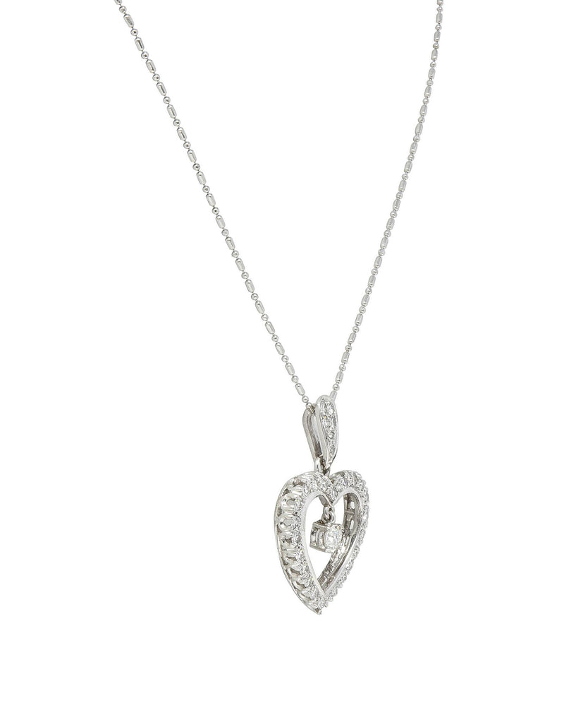 Mid-Century 1.05 CTW Diamond Platinum Vintage Heart Pendant Necklace