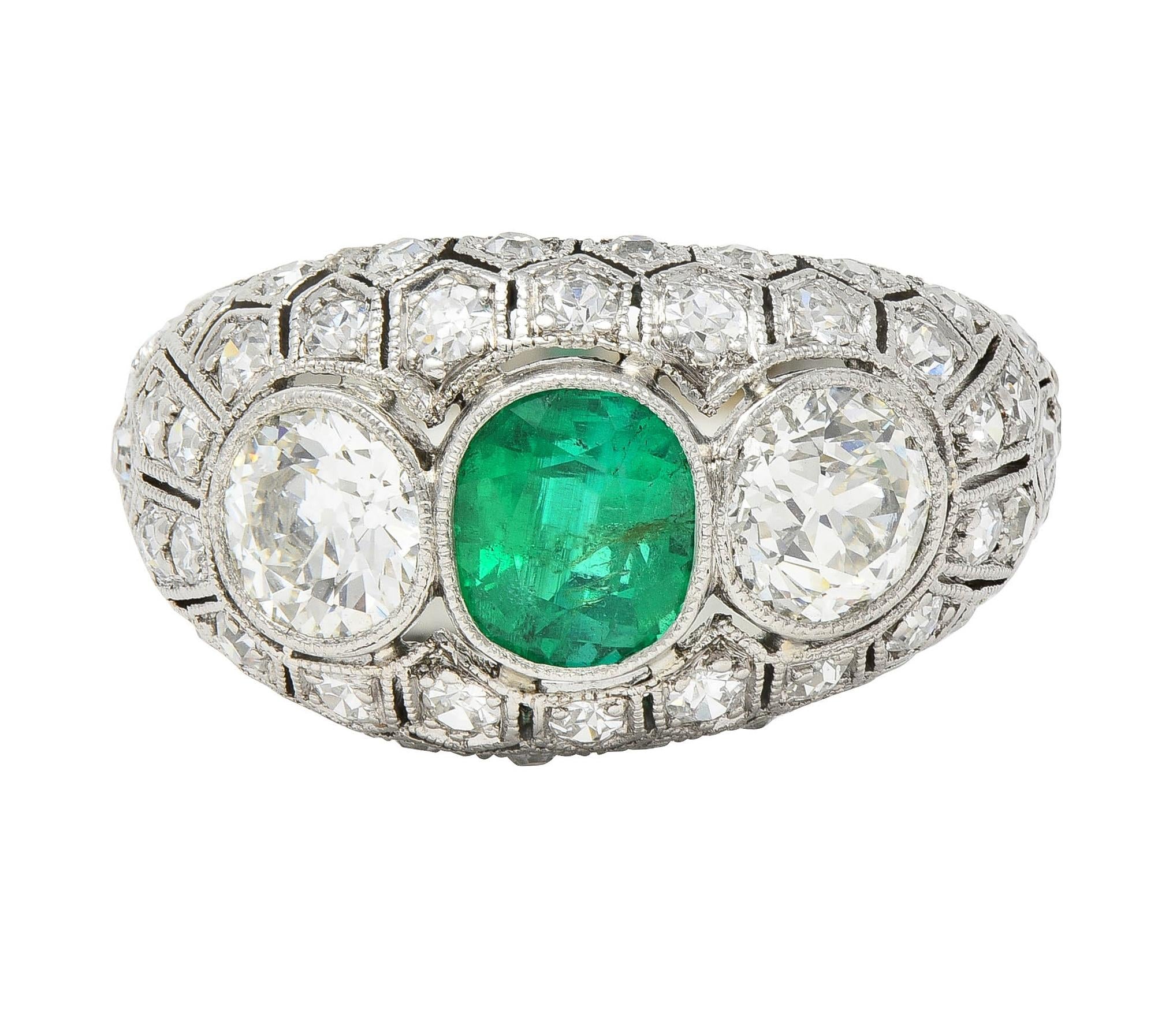 Art Deco 2.49 CTW Emerald Diamond Platinum Three Stone Antique Bombé Ring