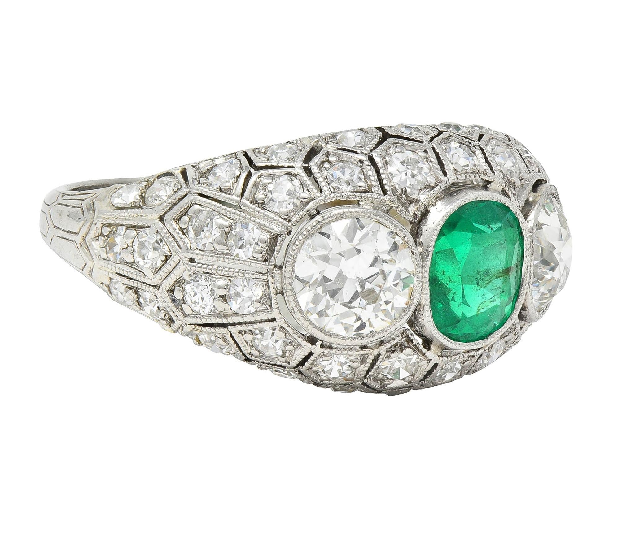 Art Deco 2.49 CTW Emerald Diamond Platinum Three Stone Antique Bombé Ring