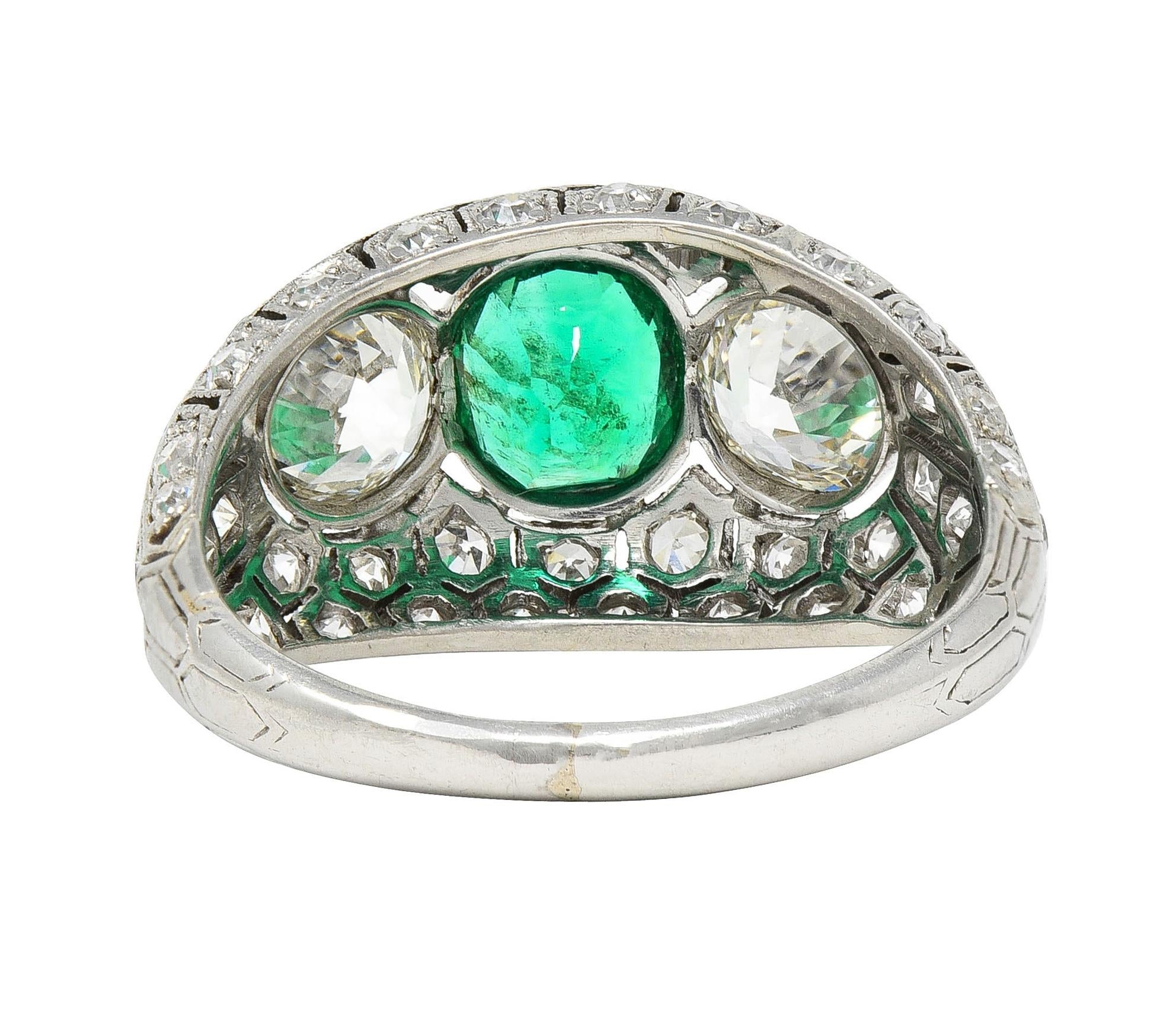 Art Deco 2.49 CTW Emerald Diamond Platinum Three Stone Antique Bombé Ring