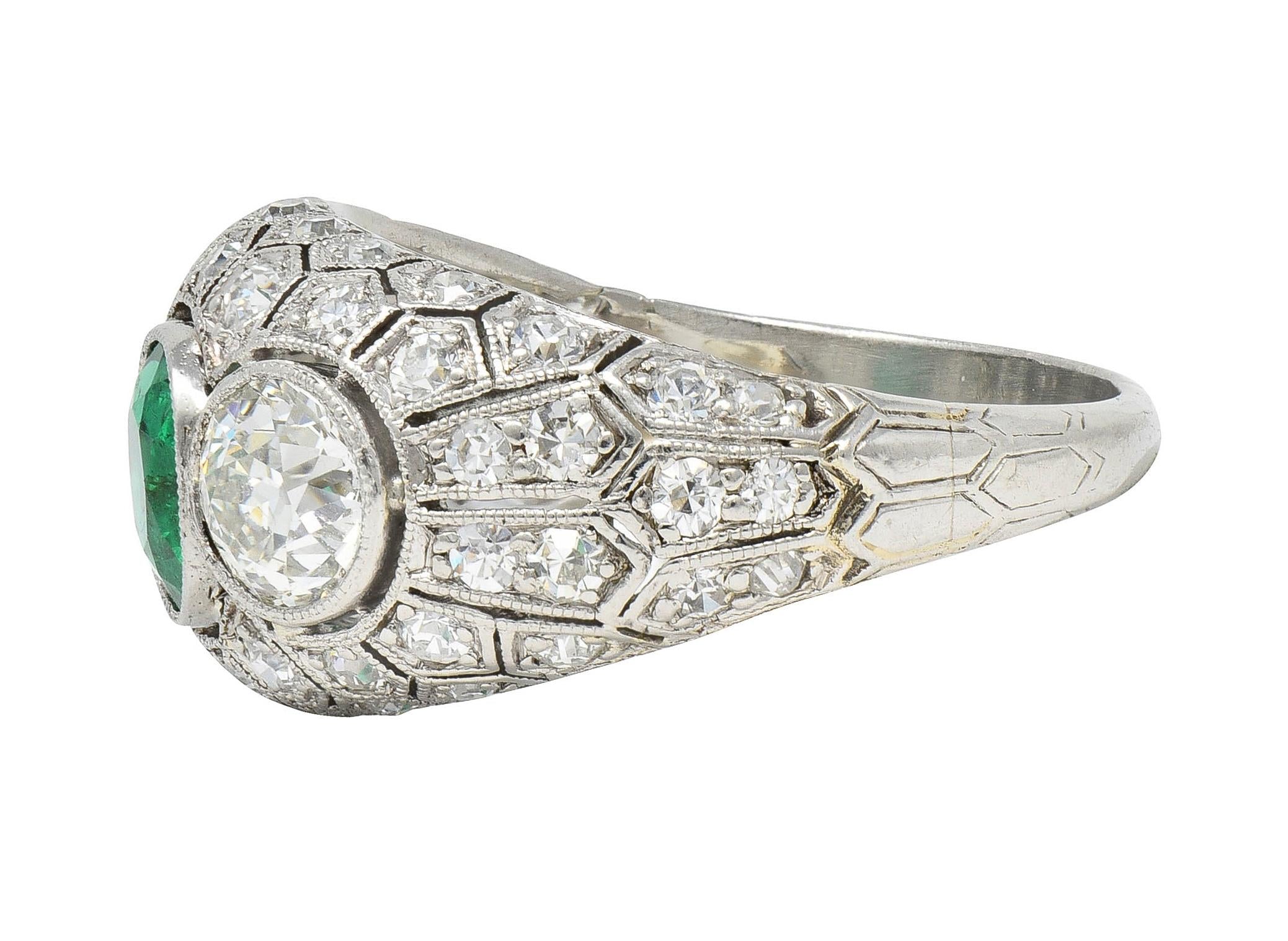 Art Deco 2.49 CTW Emerald Diamond Platinum Three Stone Antique Bombé Ring